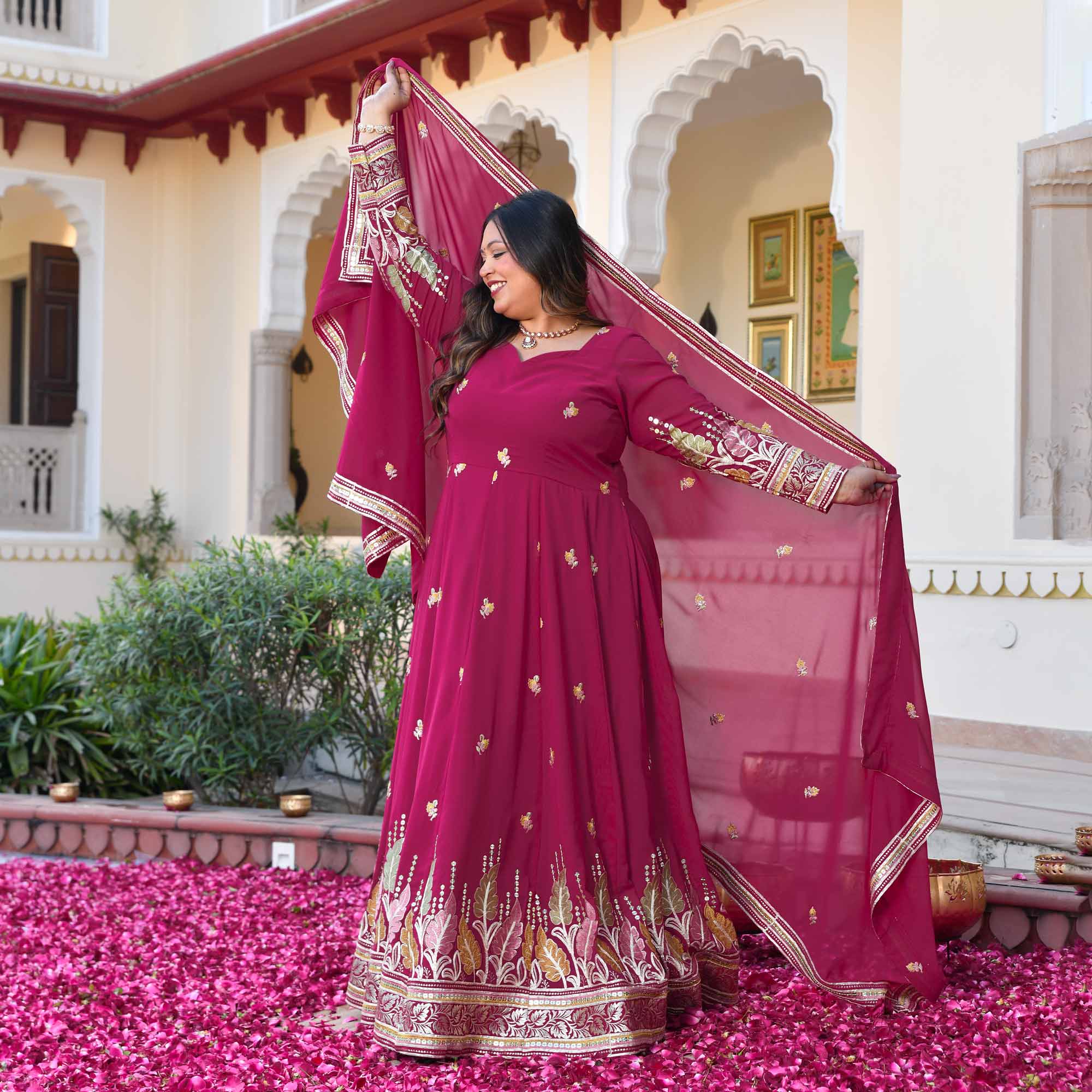 Butterflies- Rani Pink Thread & Gota Embroidered Georgette Anarkali Set