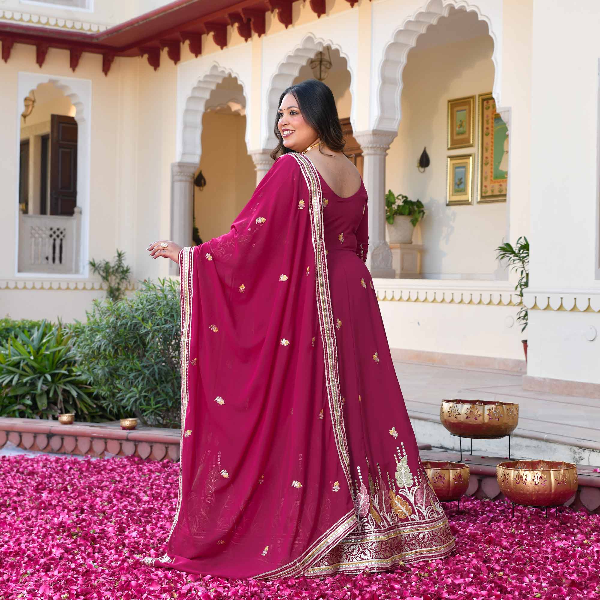 Butterflies- Rani Pink Thread & Gota Embroidered Georgette Anarkali Set