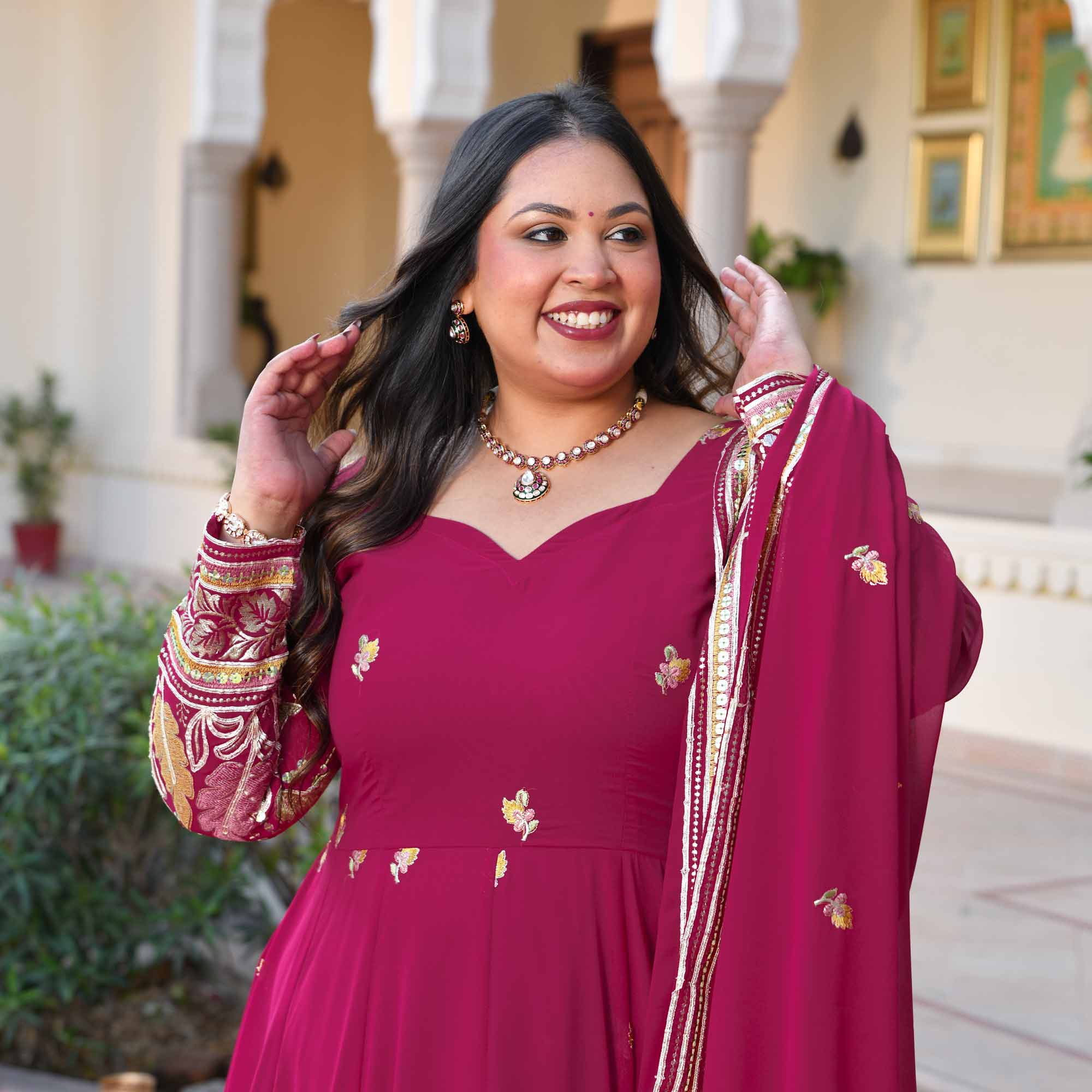 Butterflies- Rani Pink Thread & Gota Embroidered Georgette Anarkali Set