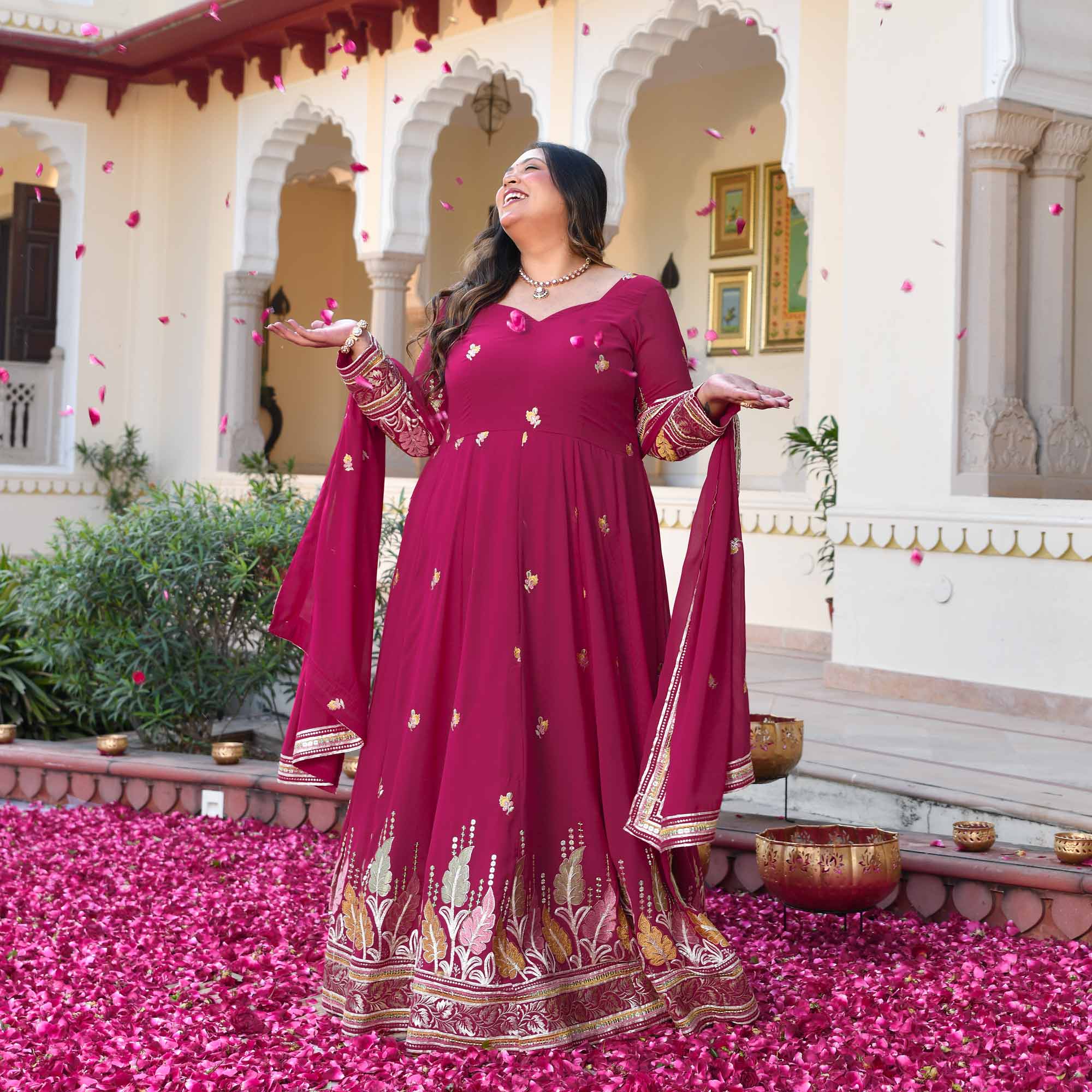Butterflies- Rani Pink Thread & Gota Embroidered Georgette Anarkali Set
