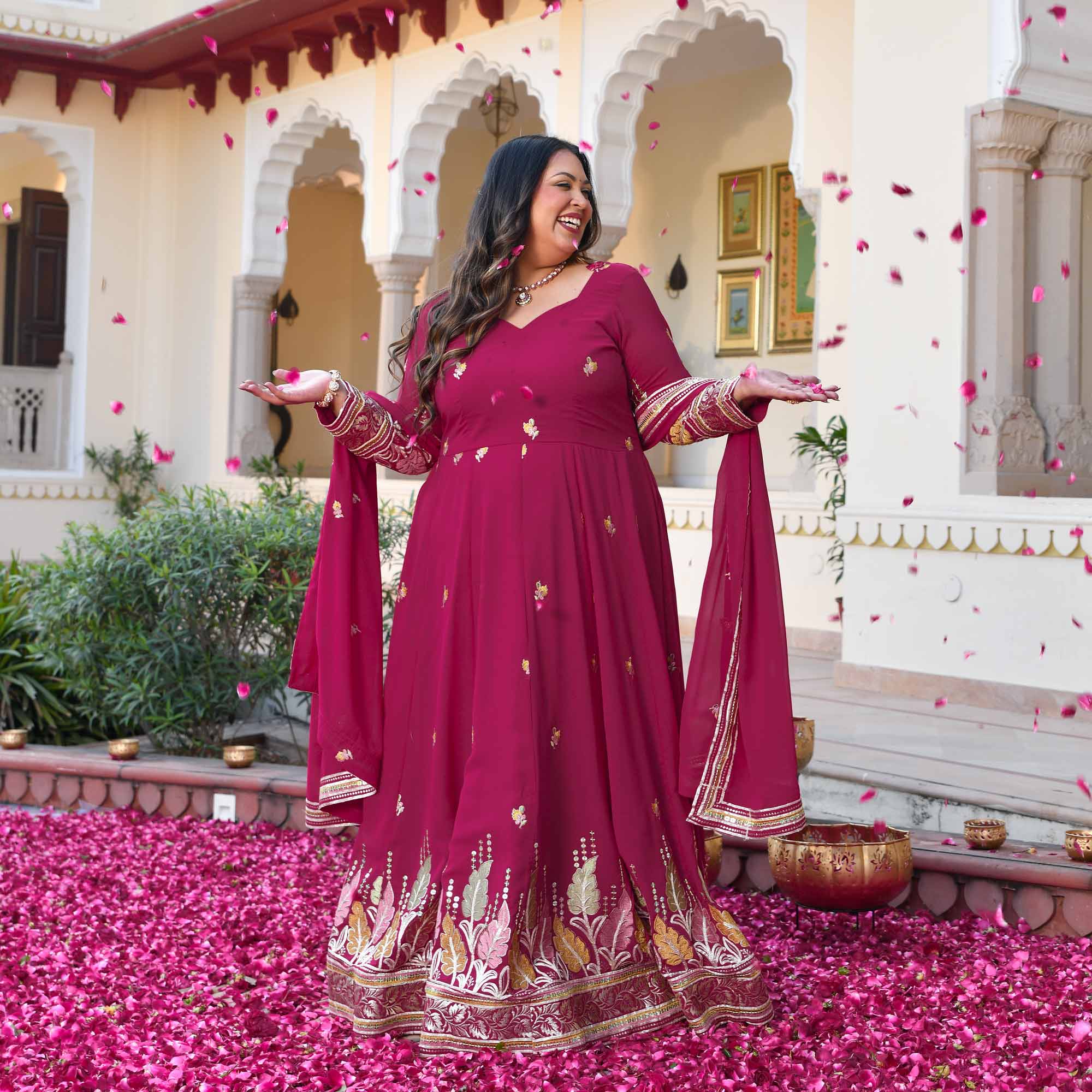 Butterflies- Rani Pink Thread & Gota Embroidered Georgette Anarkali Set
