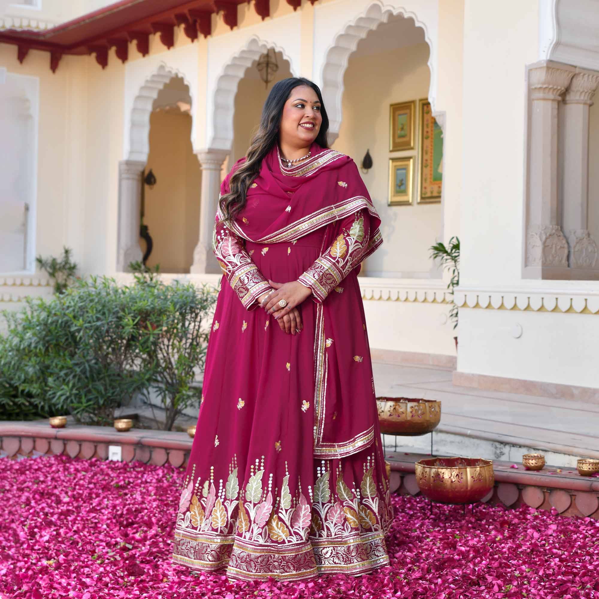 Butterflies- Rani Pink Thread & Gota Embroidered Georgette Anarkali Set