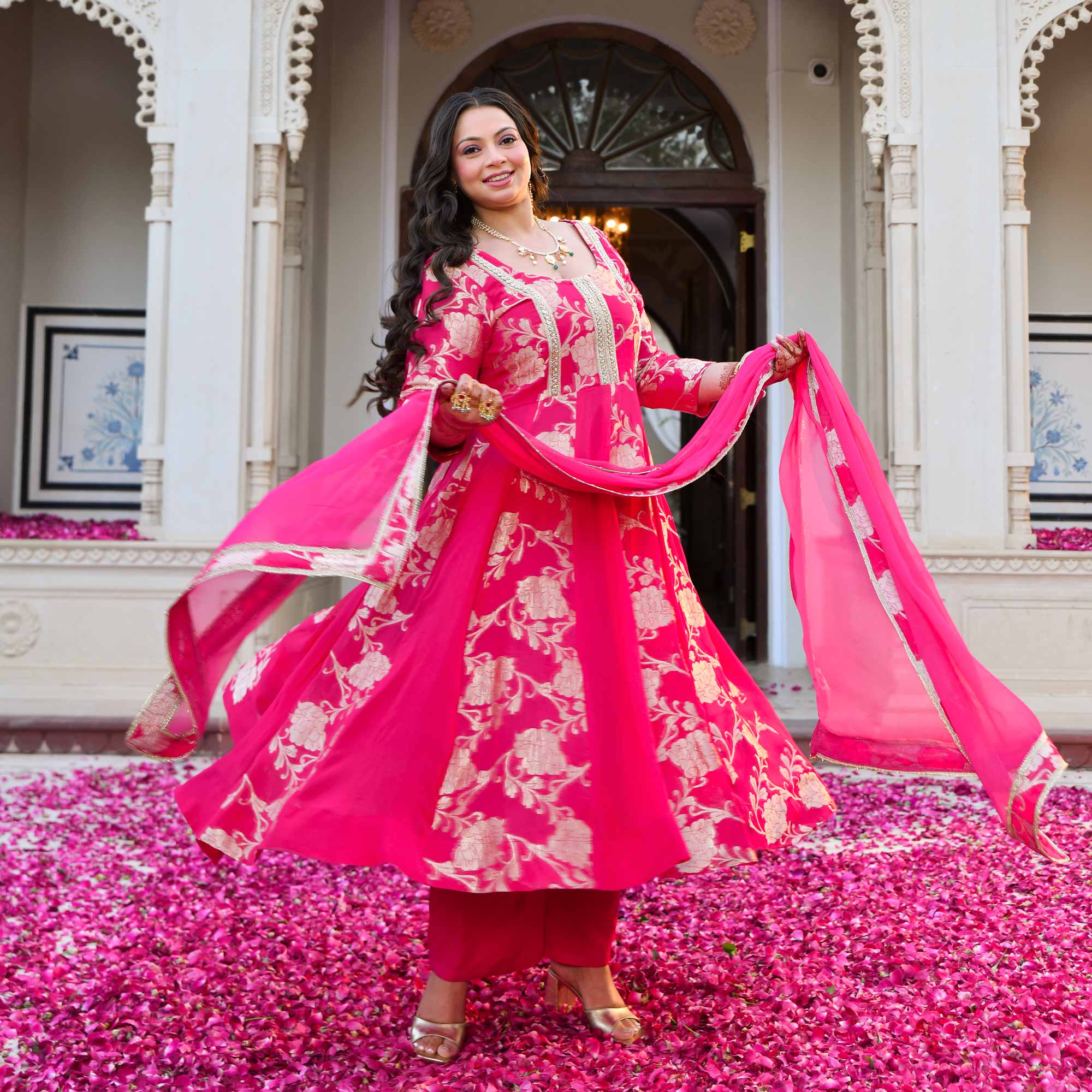 Pankhuri - Deep Pink Banarasi Pure Georgette Anarkali Set
