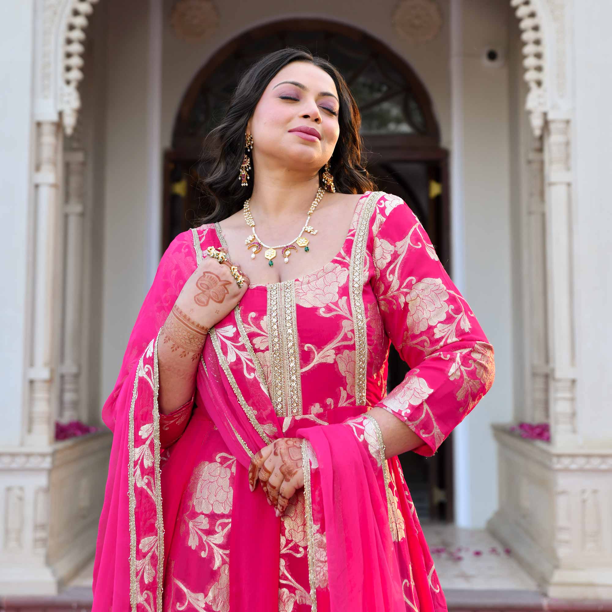 Pankhuri - Deep Pink Banarasi Pure Georgette Anarkali Set