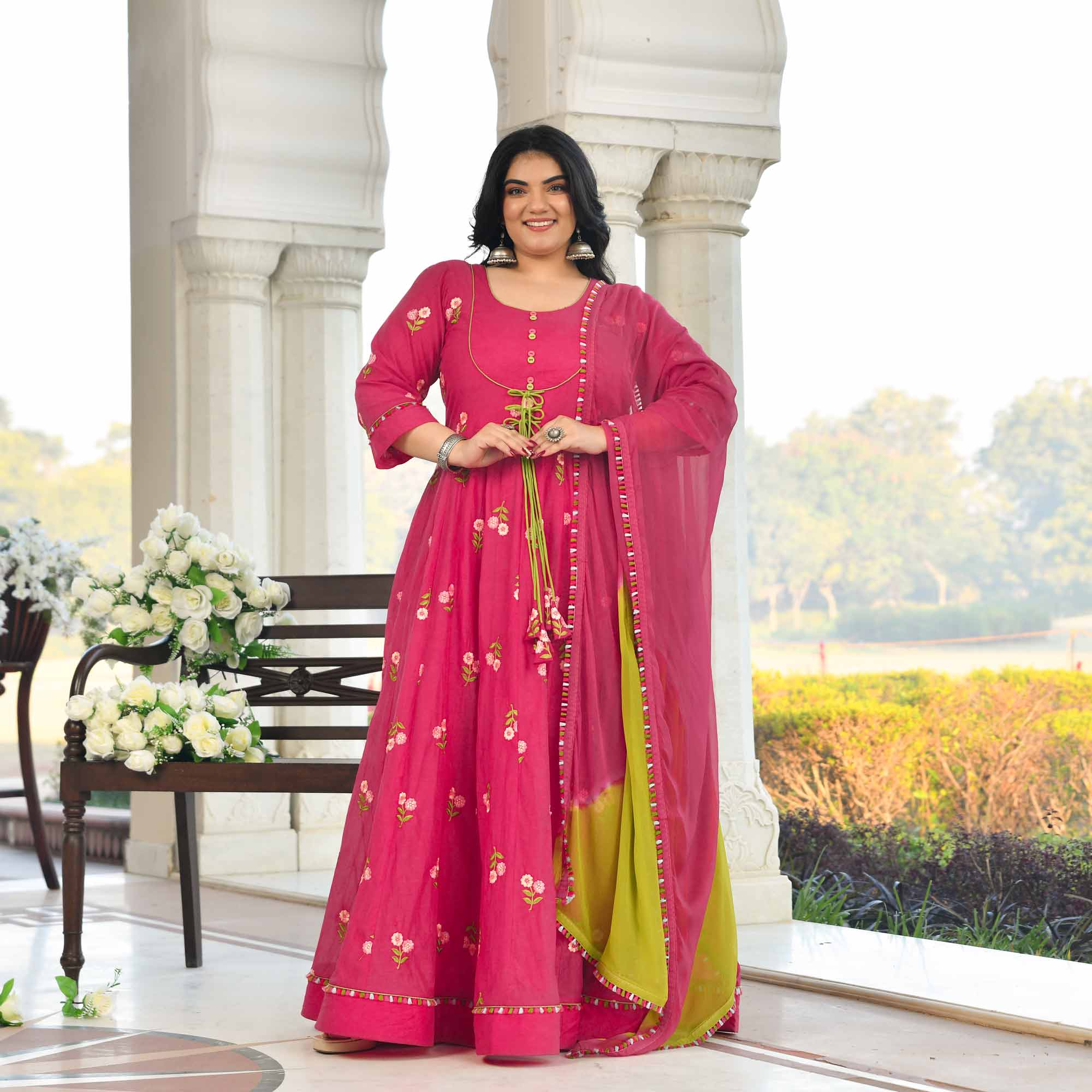 Raspberry Bloom- Deep Pink Floral Thread Embroidery Mul Chanderi Anarkali Set