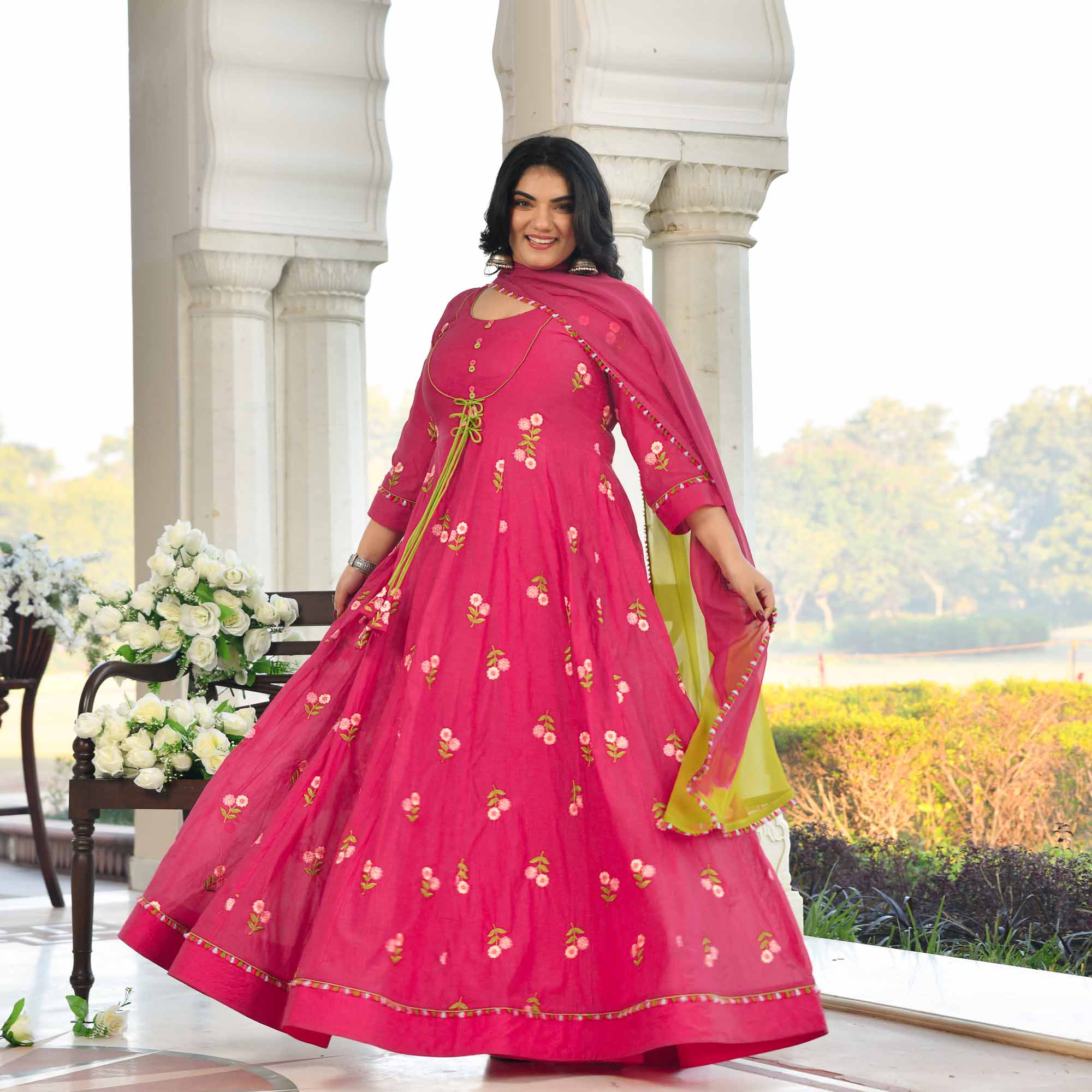 Raspberry Bloom- Deep Pink Floral Thread Embroidery Mul Chanderi Anarkali Set