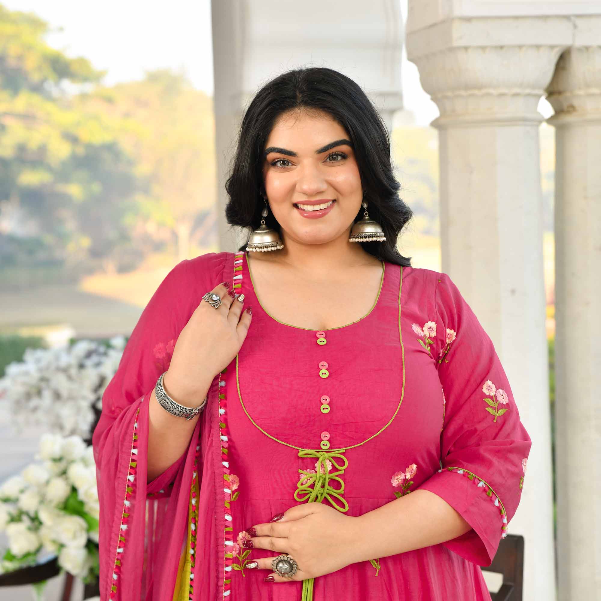 Raspberry Bloom- Deep Pink Floral Thread Embroidery Mul Chanderi Anarkali Set