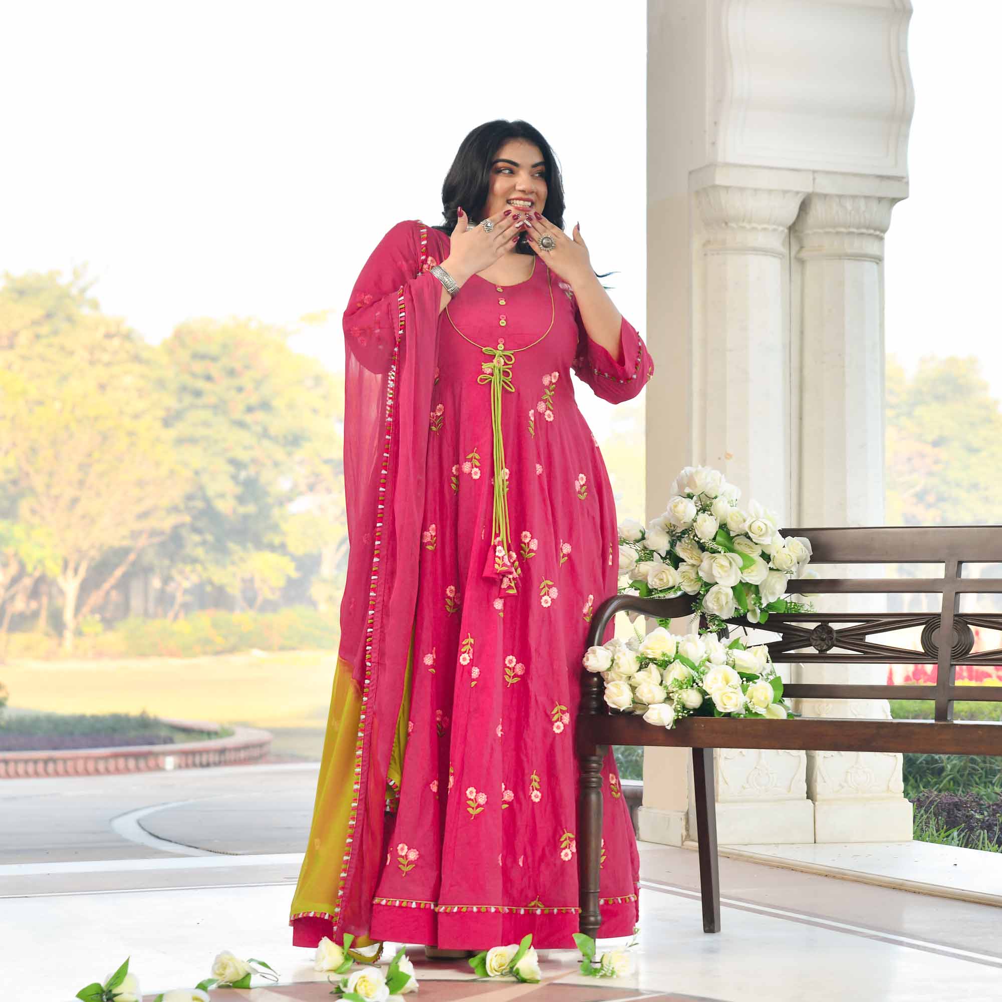 Raspberry Bloom- Deep Pink Floral Thread Embroidery Mul Chanderi Anarkali Set