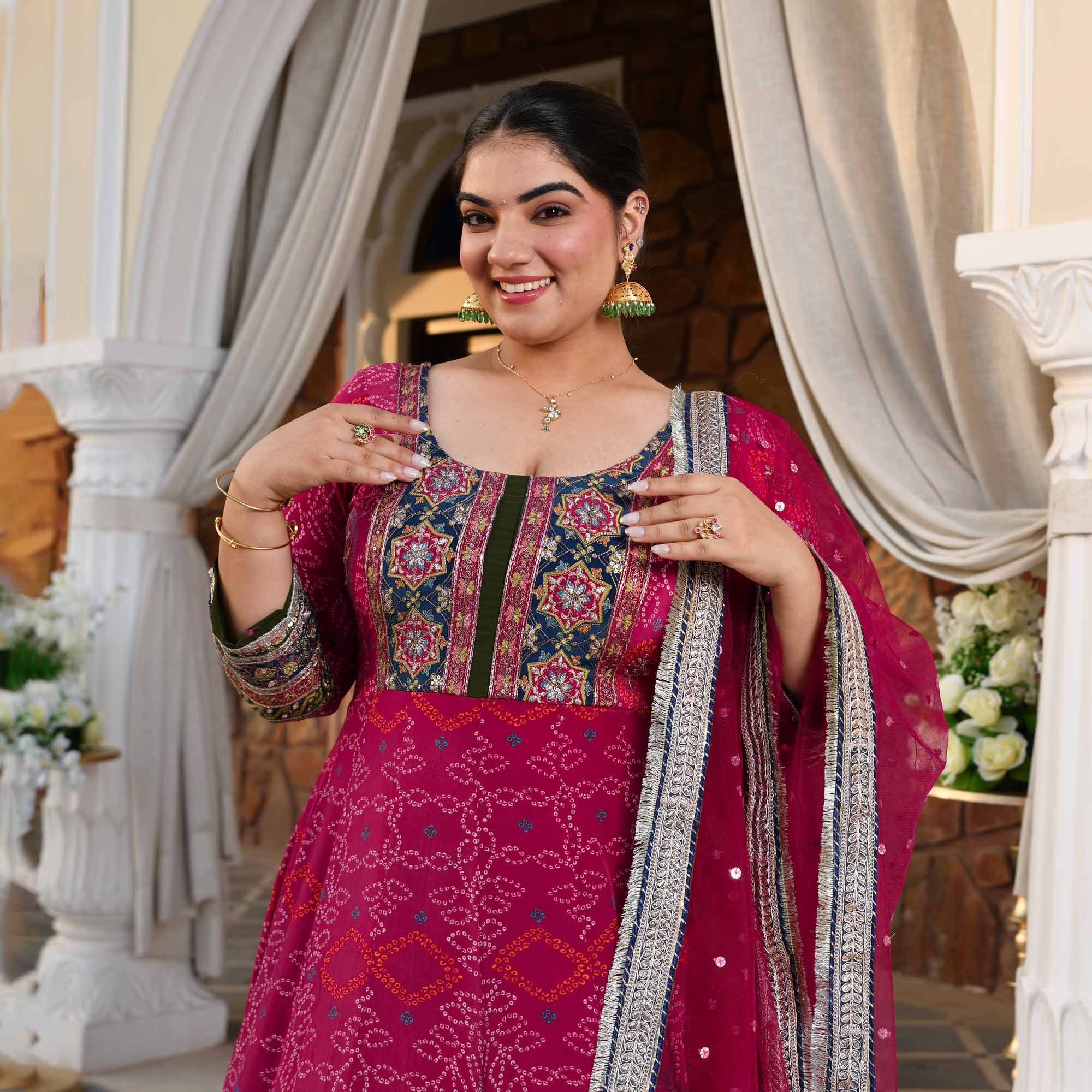 Hawa Mahal- Magenta Pink Bandhani Pure Crepe Anarkali Set