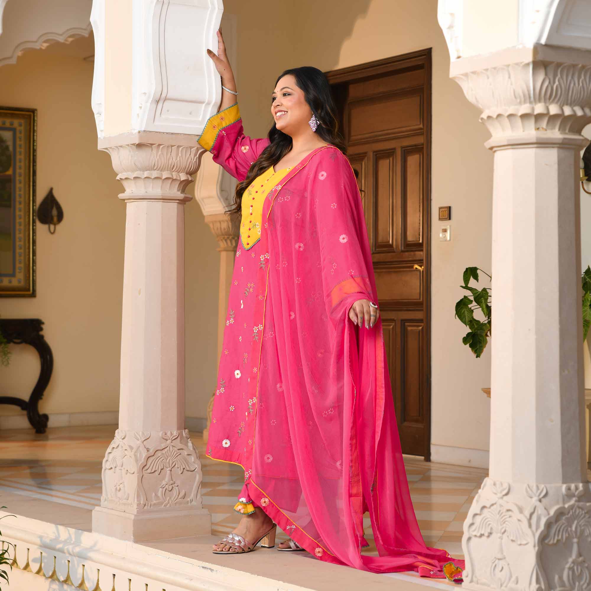 Kesar Thandai- Deep Pink Floral Thread Embroidery Mul Chanderi Suit Set