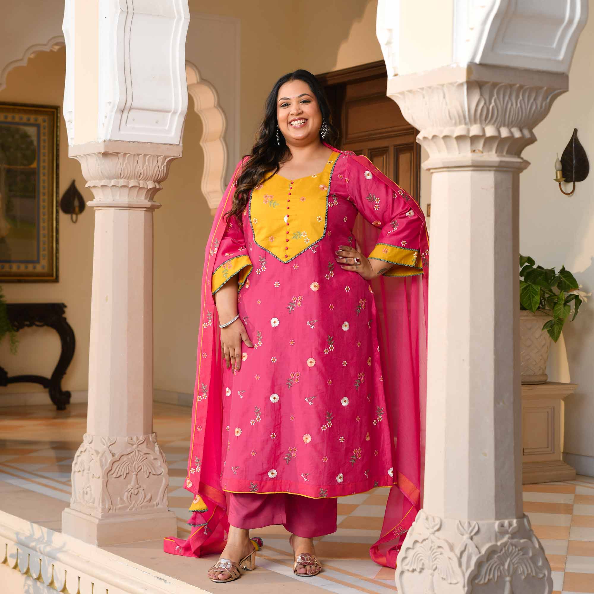 Kesar Thandai- Deep Pink Floral Thread Embroidery Mul Chanderi Suit Set