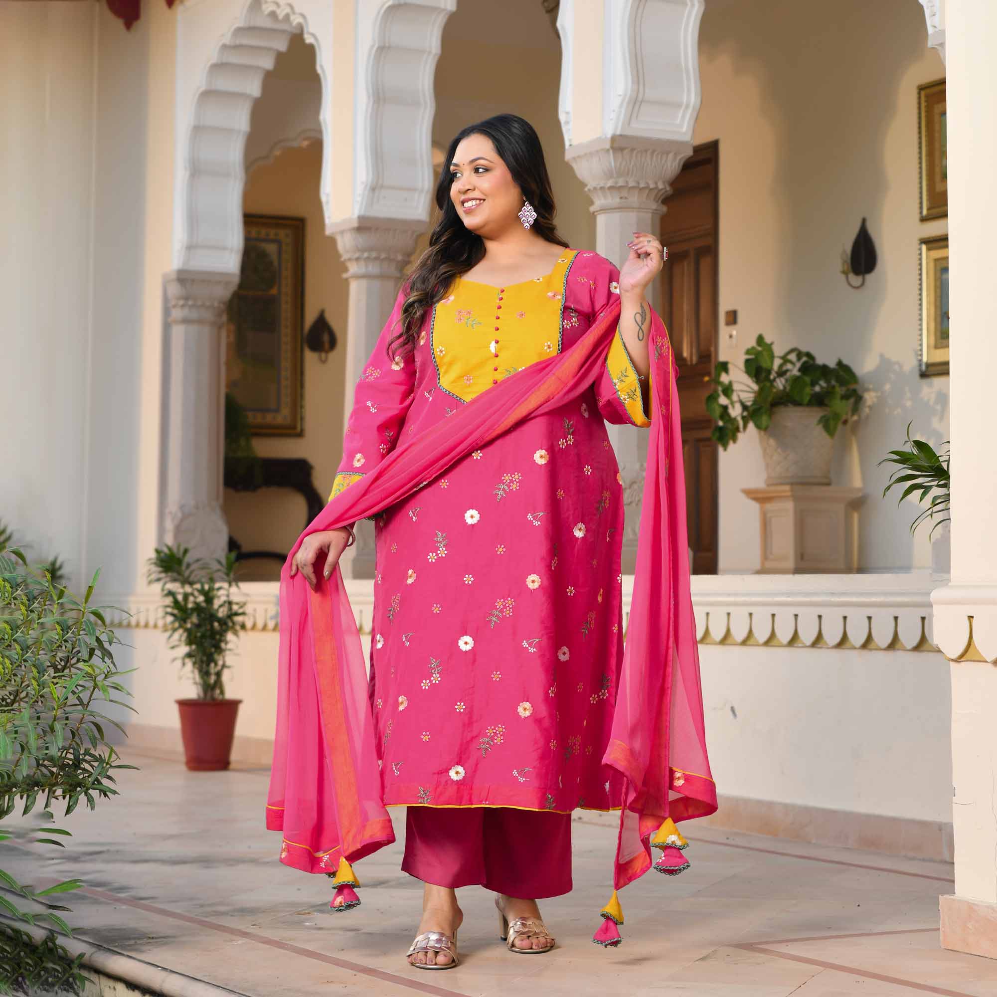 Kesar Thandai- Deep Pink Floral Thread Embroidery Mul Chanderi Suit Set