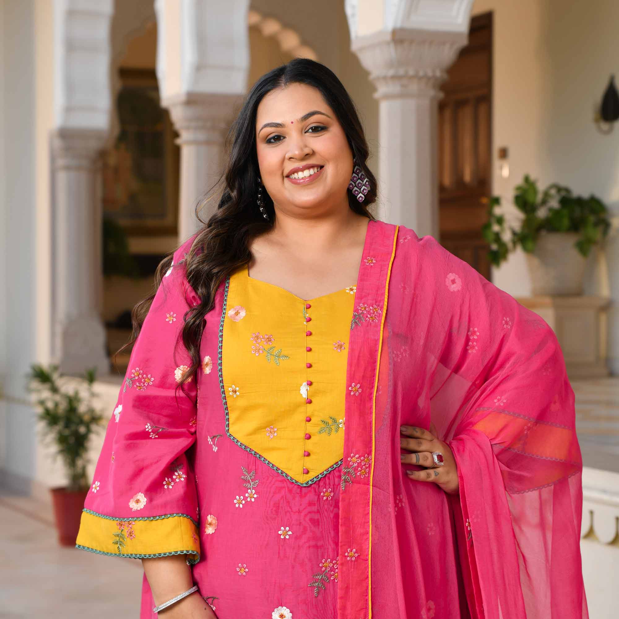 Kesar Thandai- Deep Pink Floral Thread Embroidery Mul Chanderi Suit Set