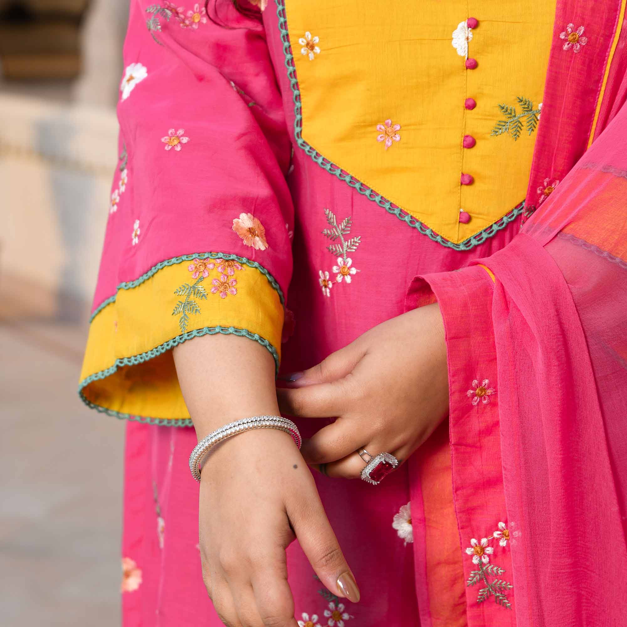 Kesar Thandai- Deep Pink Floral Thread Embroidery Mul Chanderi Suit Set