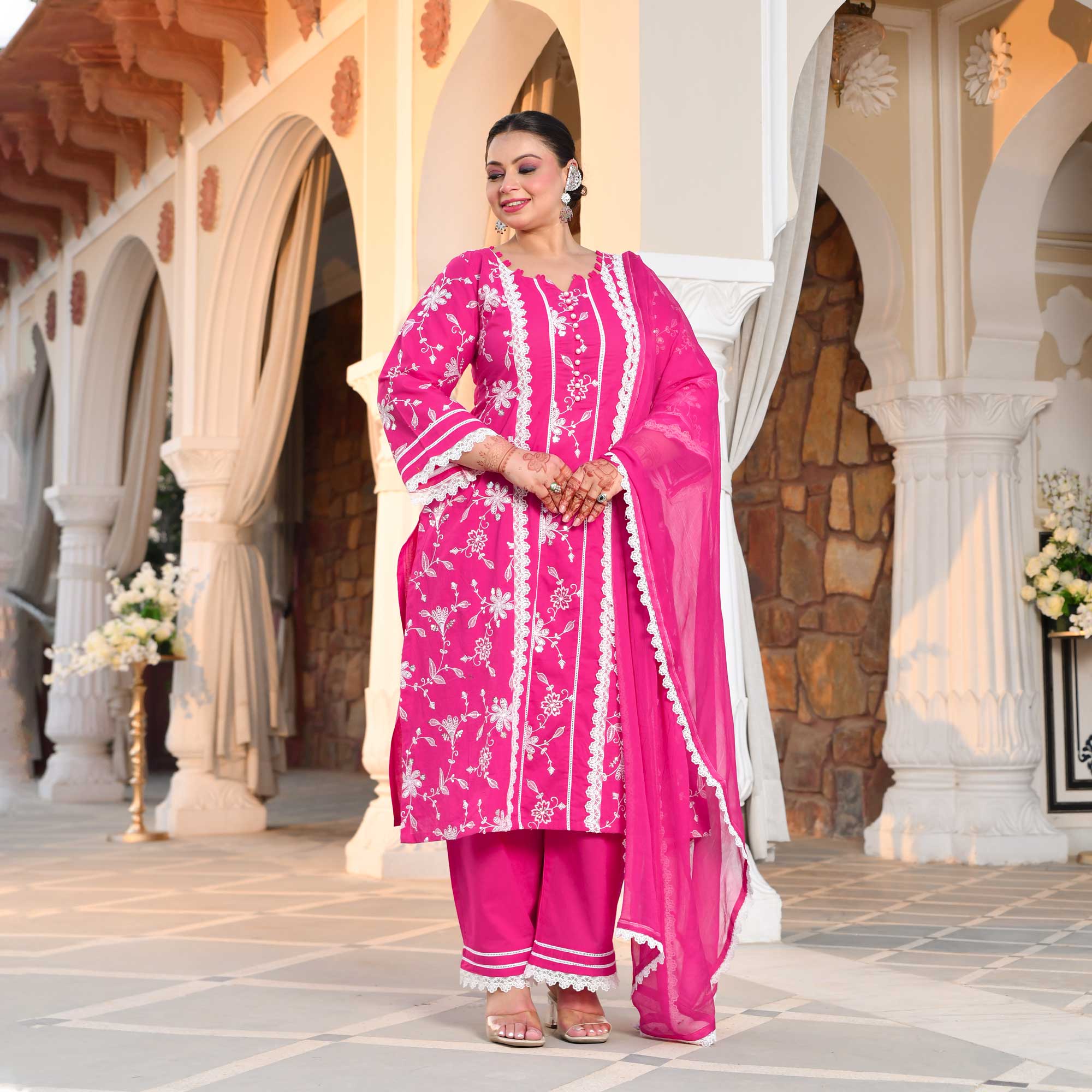 Bougainvillea Pink Thread Embroidered Pure Cotton Suit Set