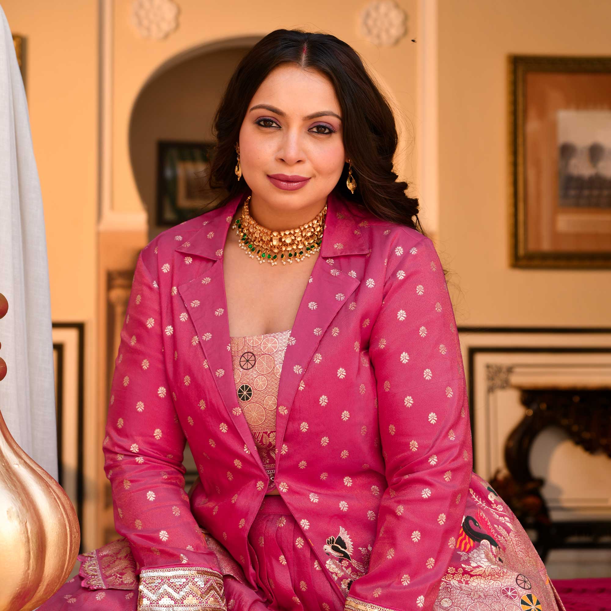 Veronica- Deep Pink Banarasi Silk Jacket Lehenga Set