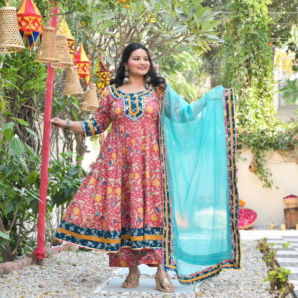 Crushed Cherry Bloom Handblock Printed Cotton Anarkali Set