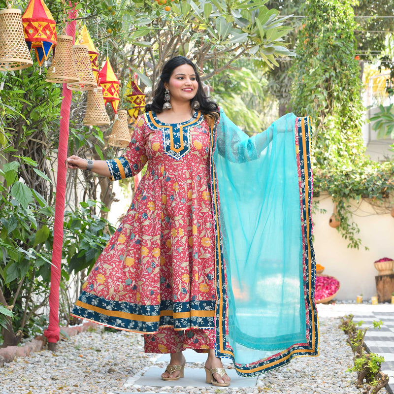 Crushed Cherry Bloom Handblock Printed Cotton Anarkali