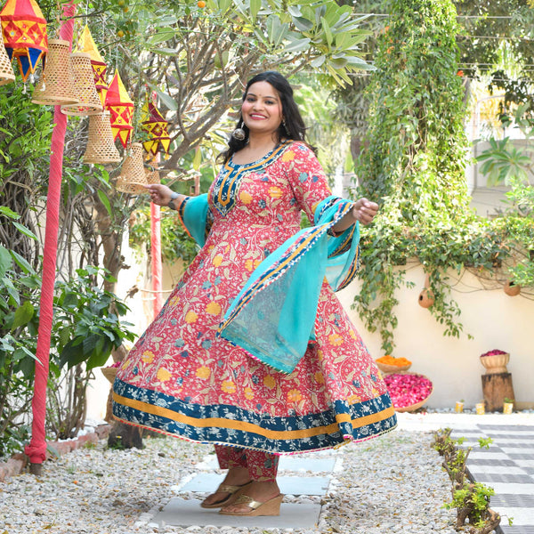 Crushed Cherry Bloom Handblock Printed Cotton Anarkali