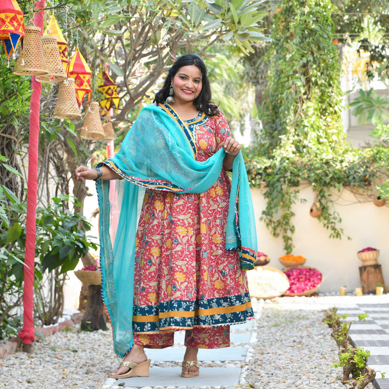 Crushed Cherry Bloom Handblock Printed Cotton Anarkali