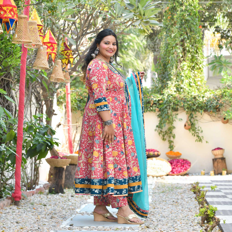 Crushed Cherry Bloom Handblock Printed Cotton Anarkali