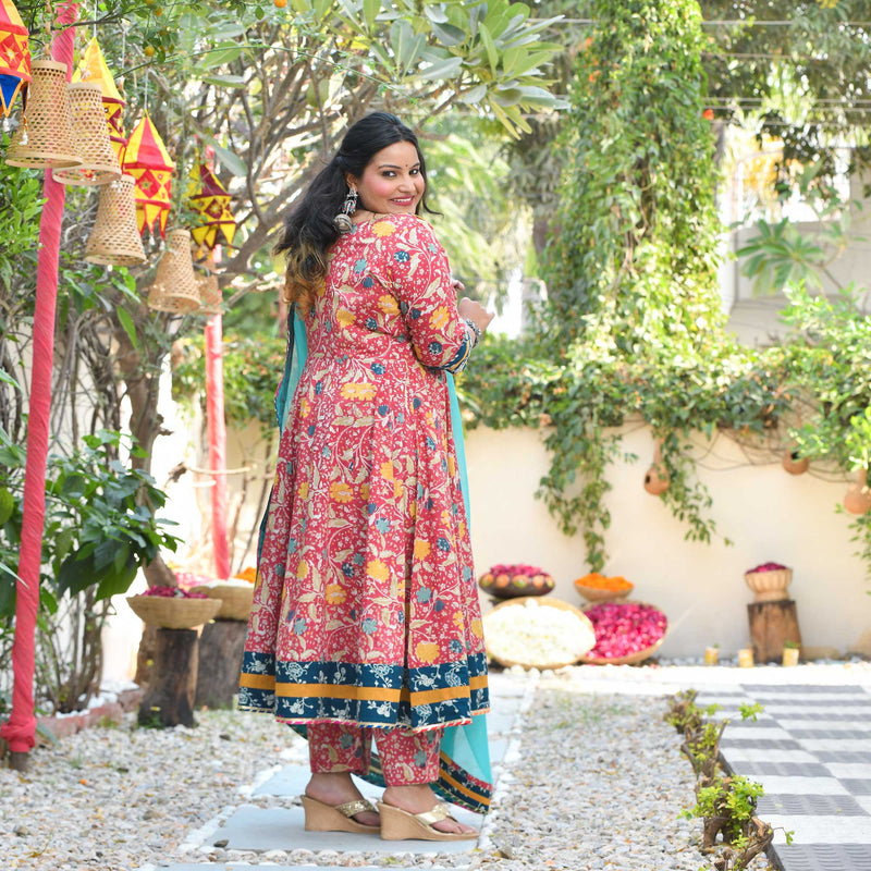 Crushed Cherry Bloom Handblock Printed Cotton Anarkali