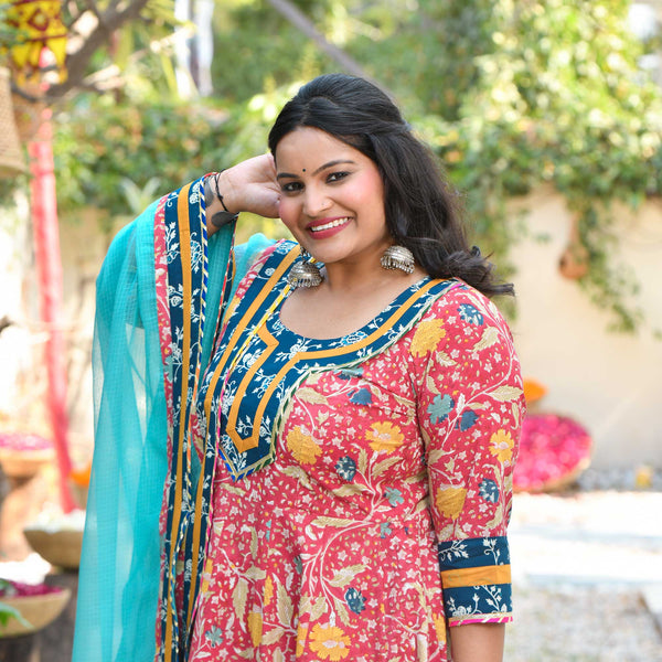 Crushed Cherry Bloom Handblock Printed Cotton Anarkali Set