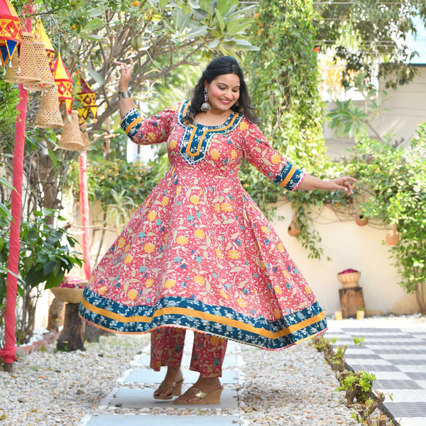 Crushed Cherry Bloom Handblock Printed Cotton Anarkali
