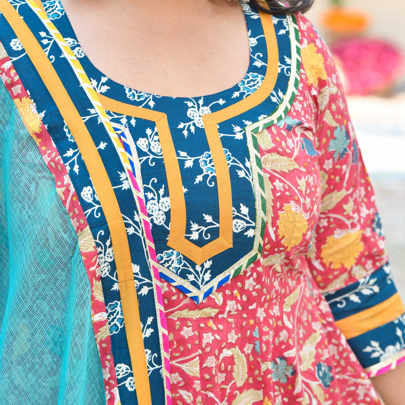 Crushed Cherry Bloom Handblock Printed Cotton Anarkali