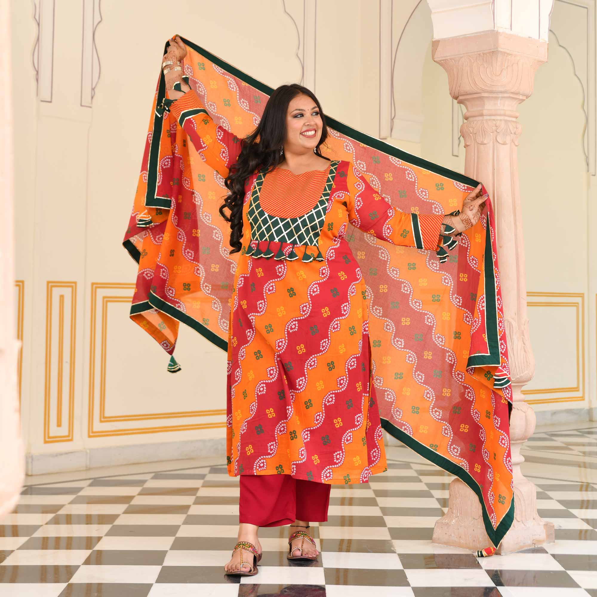 Sunheri Tarang Bandhani Cotton Kurta