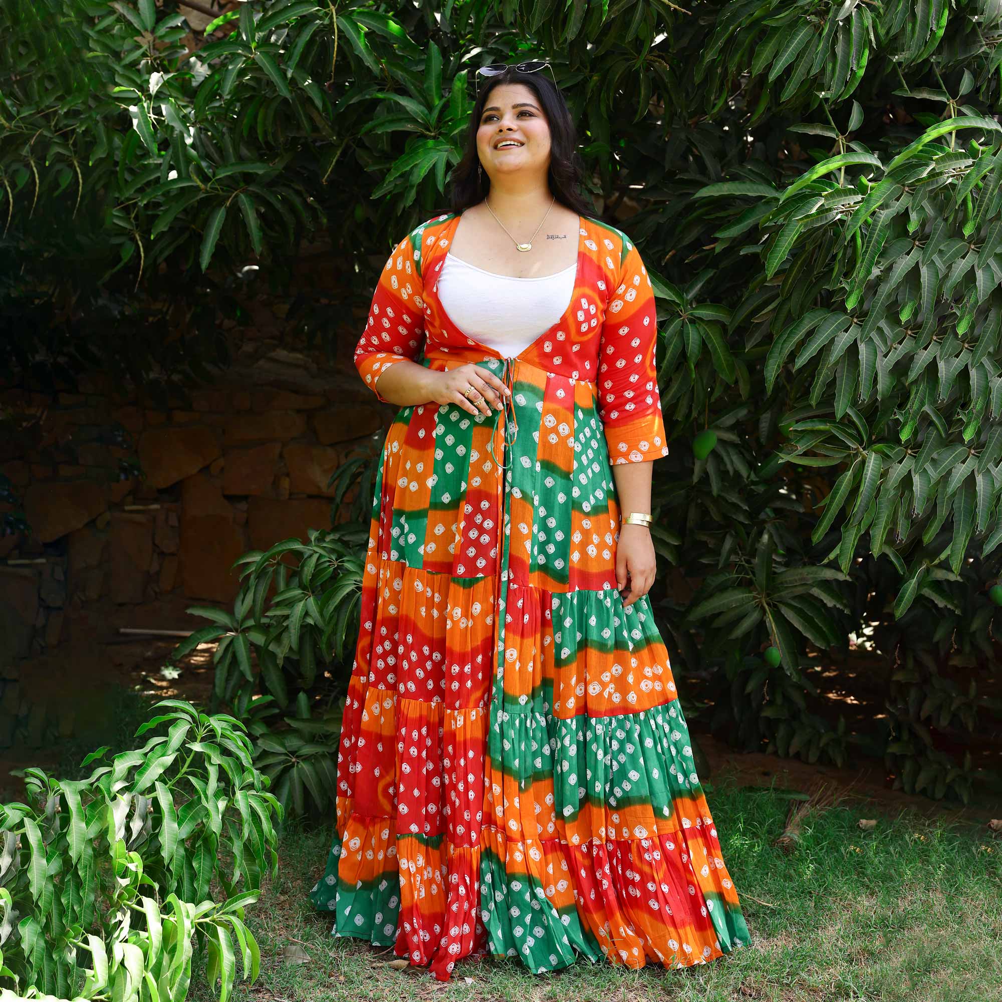 Rust & Red Bandhani Mul-Cotton Tiered Cape