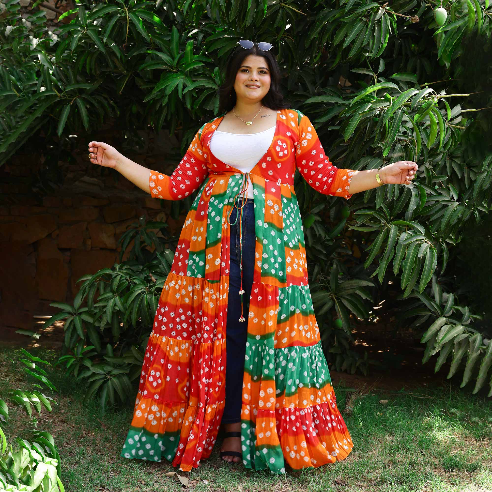 Rust & Red Bandhani Mul-Cotton Tiered Cape 