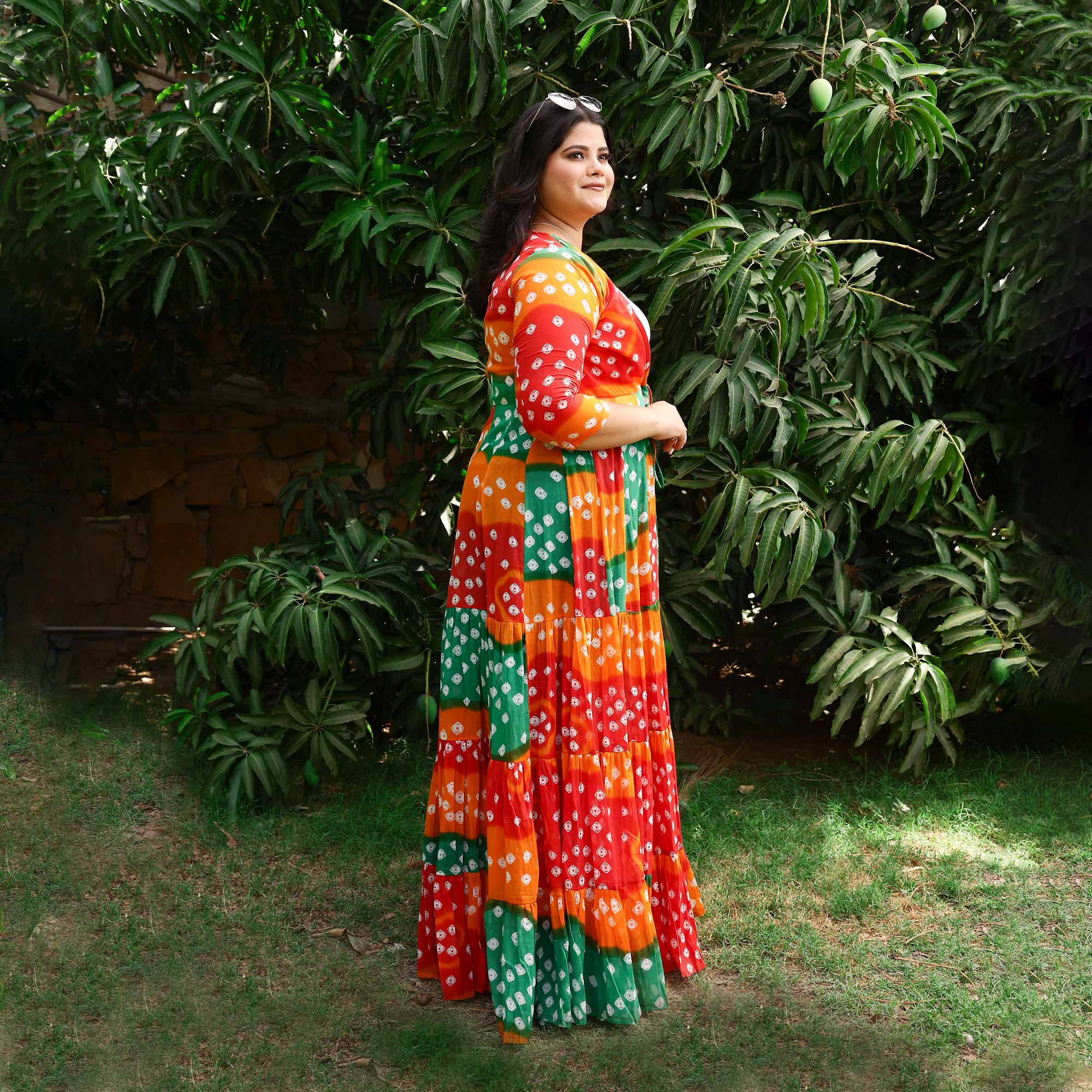 Rust & Red Bandhani Mul-Cotton Tiered Cape 