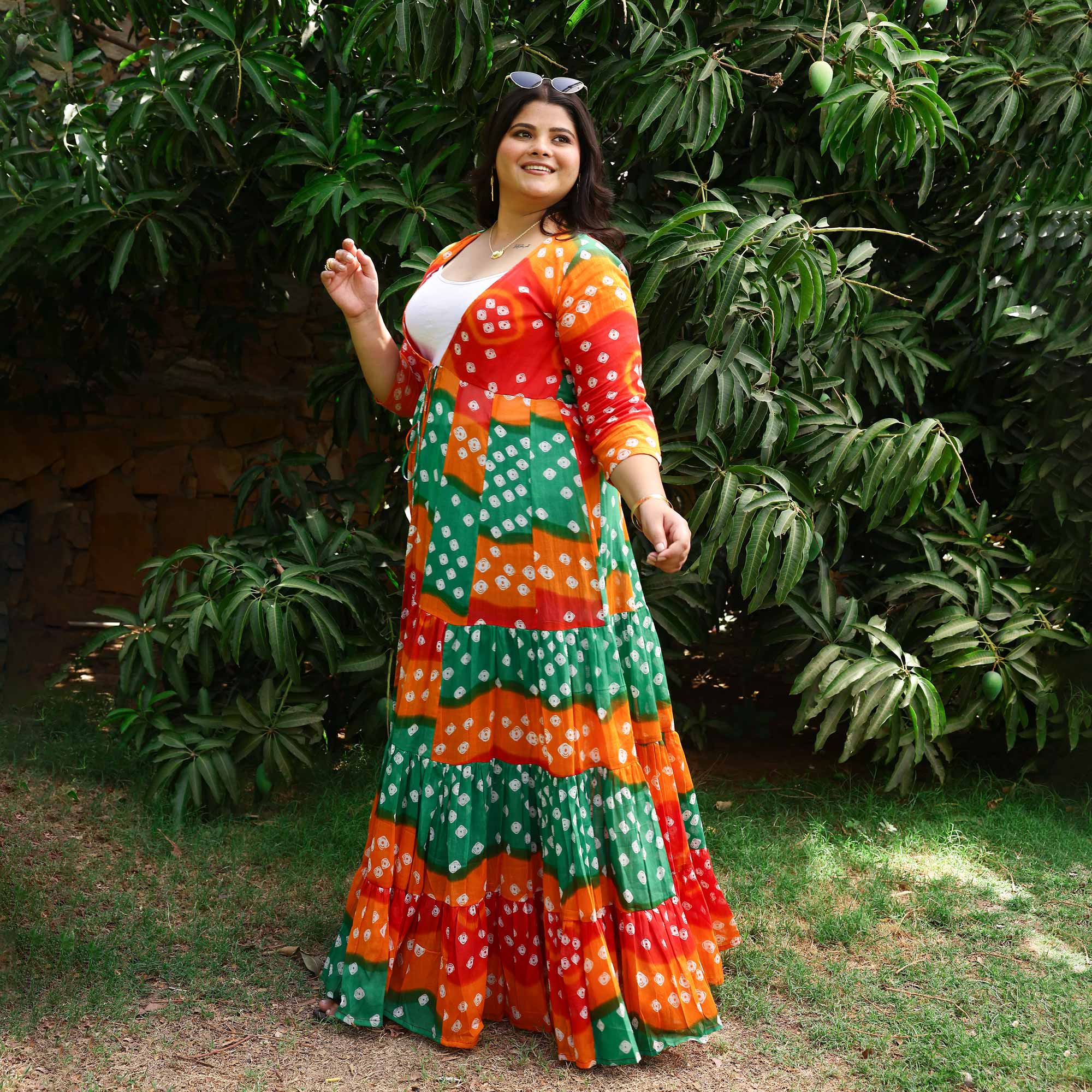 Rust & Red Bandhani Mul-Cotton Tiered Cape 