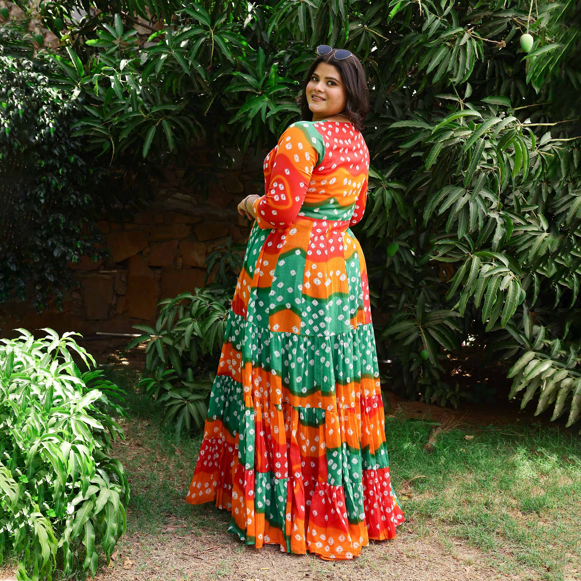 Rust & Red Bandhani Mul-Cotton Tiered Cape 