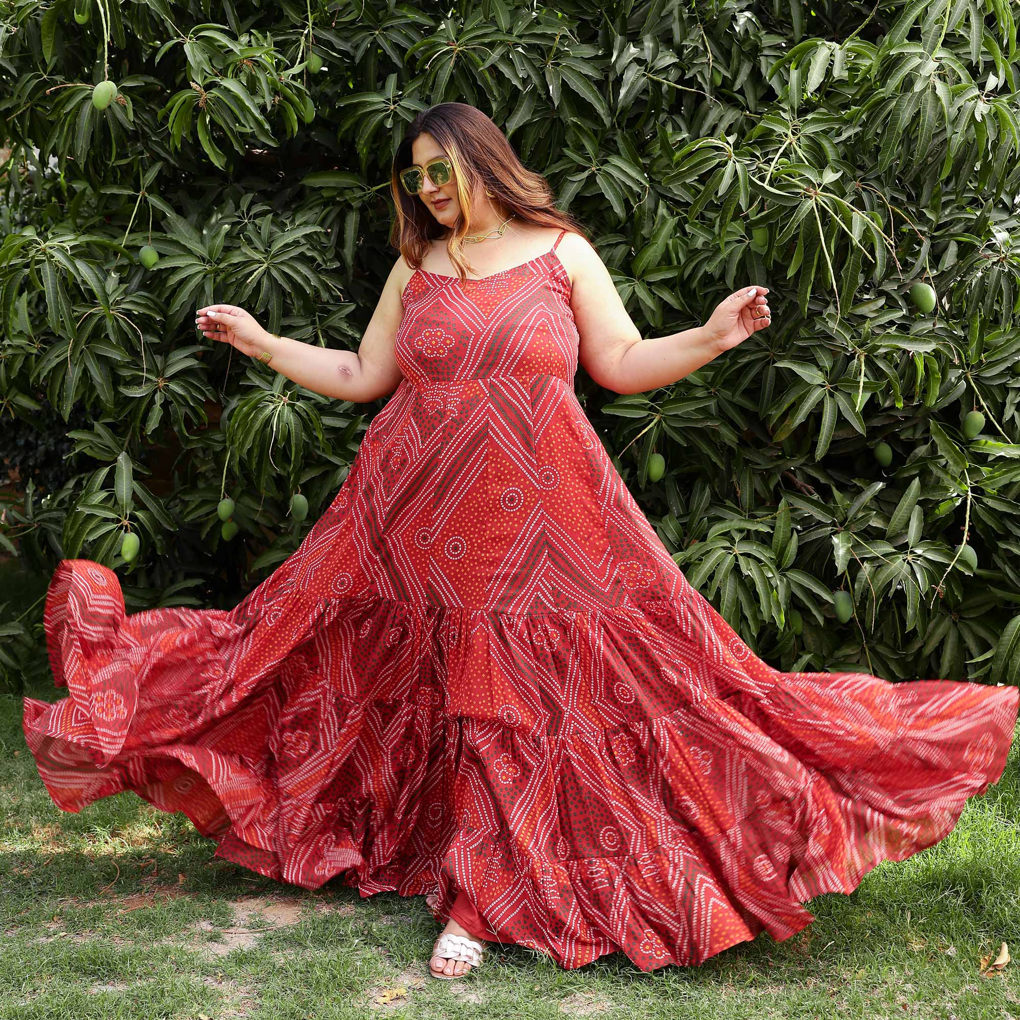 Scarlet Swril Bandhani Tiered Dress