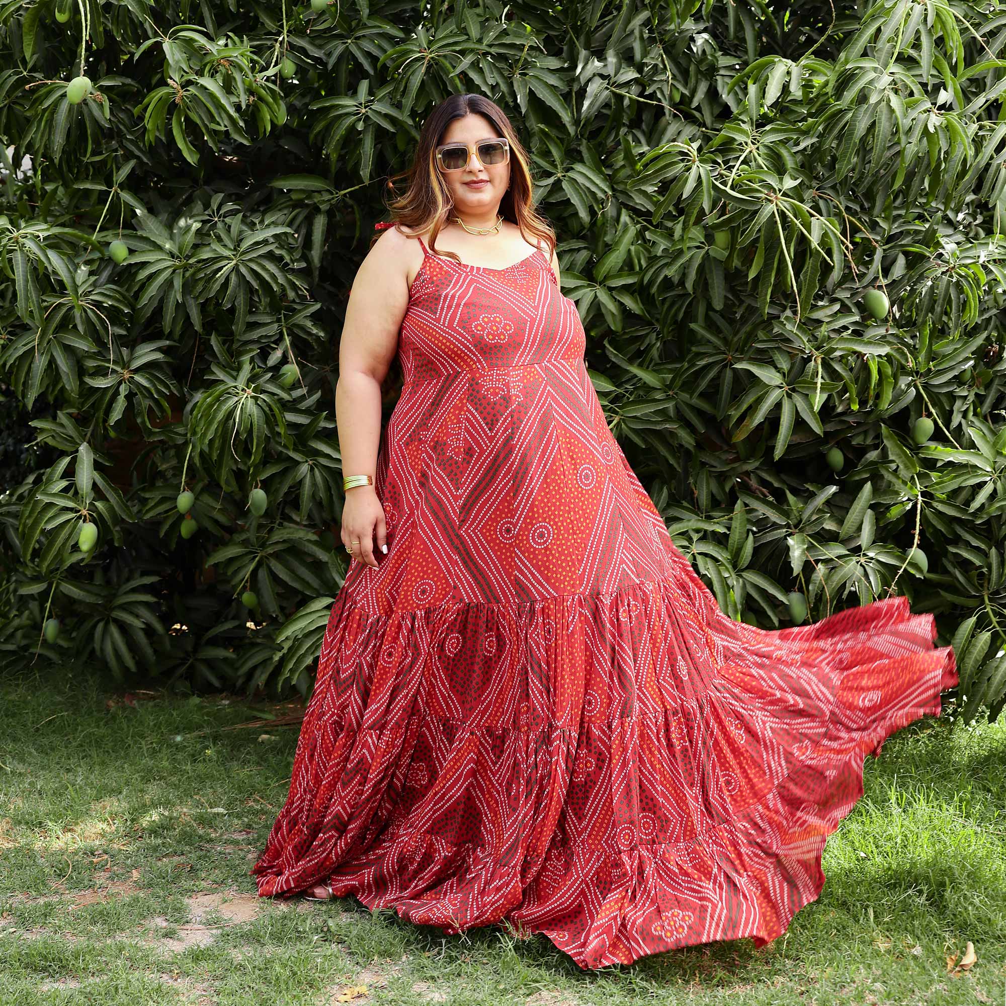 Scarlet Swril Bandhani Tiered Dress