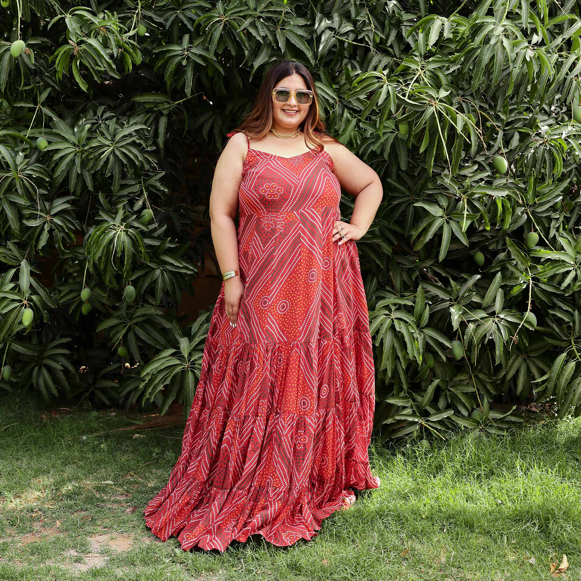 Scarlet Swril Bandhani Tiered Dress