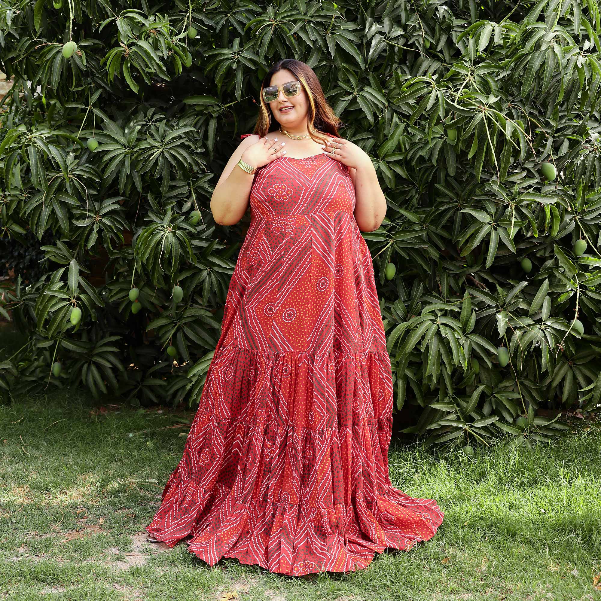 Scarlet Swril Bandhani Tiered Dress