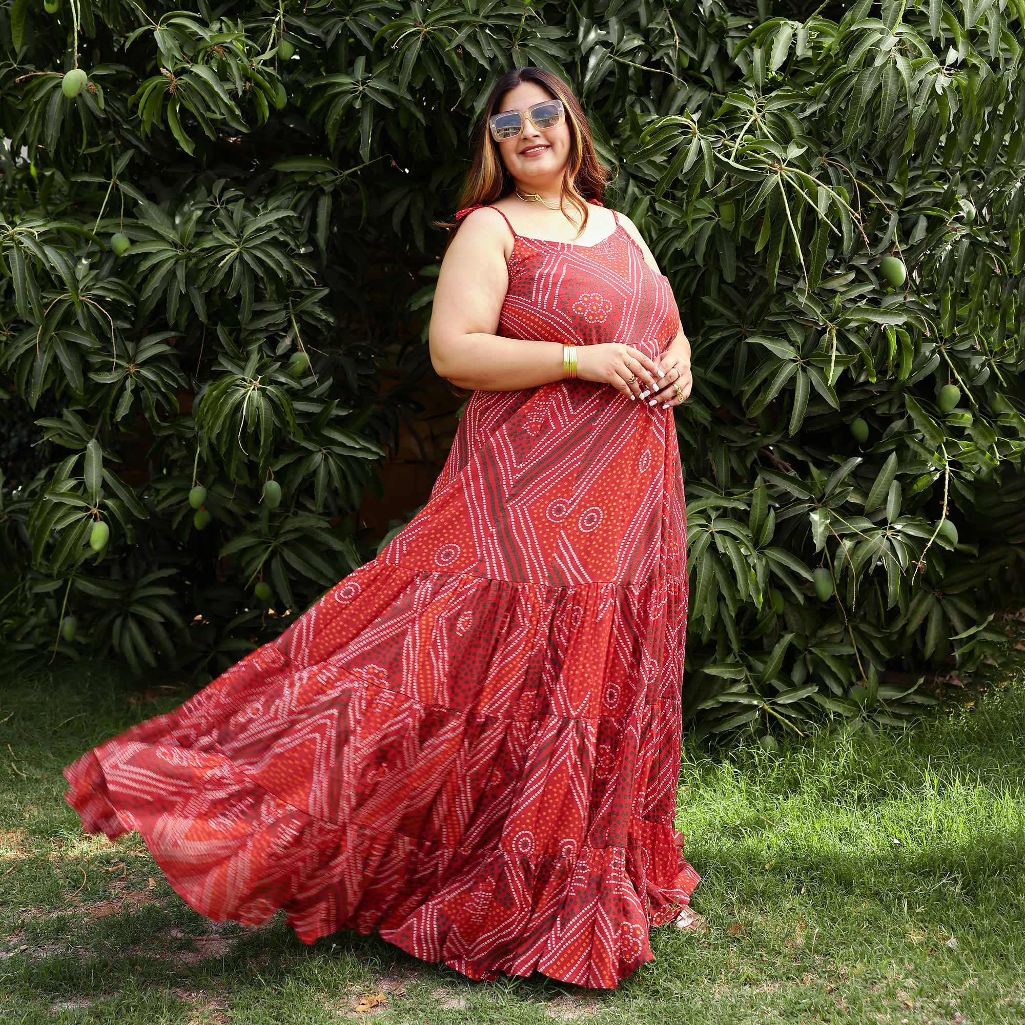 Scarlet Swril Bandhani Tiered Dress