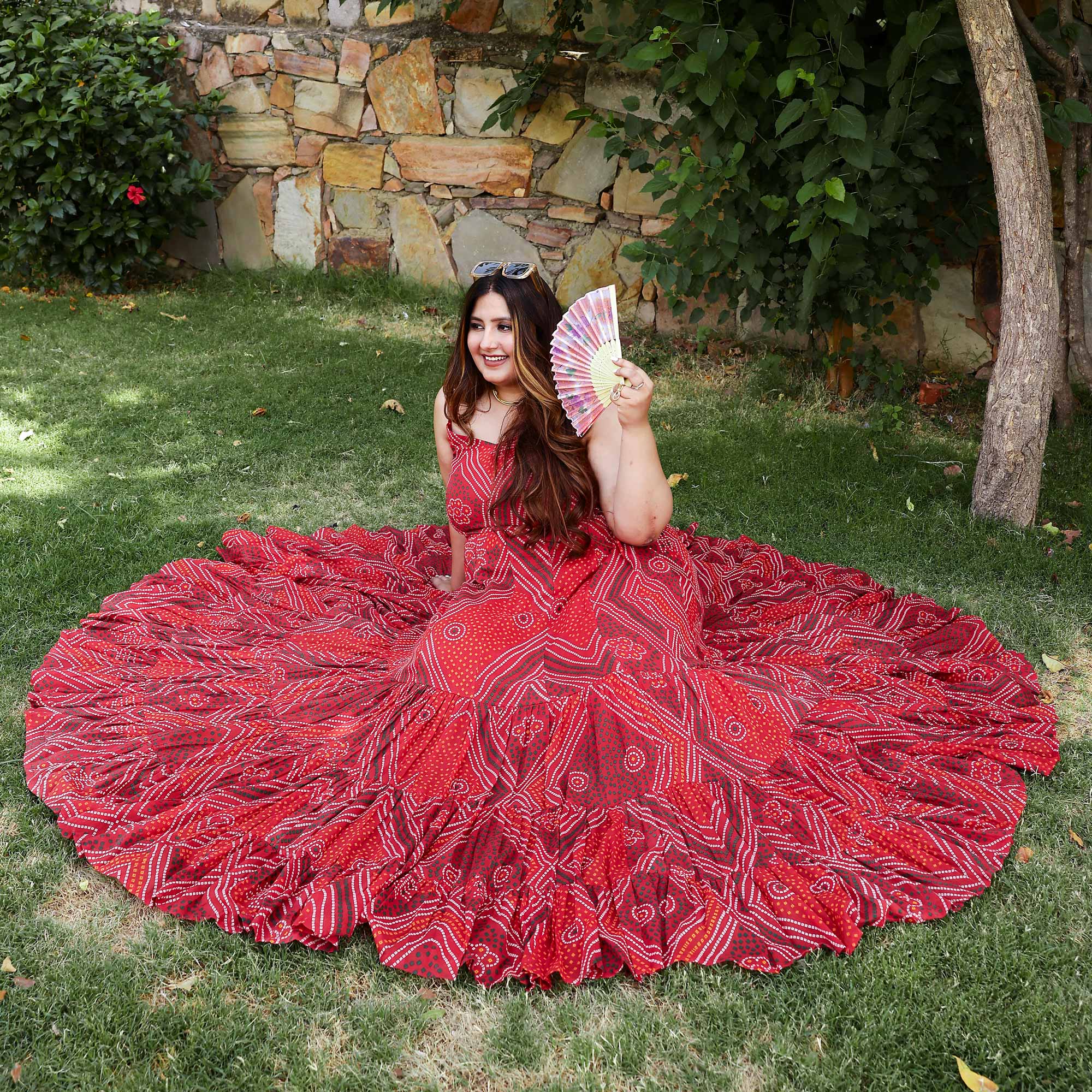 Scarlet Swril Bandhani Tiered Dress