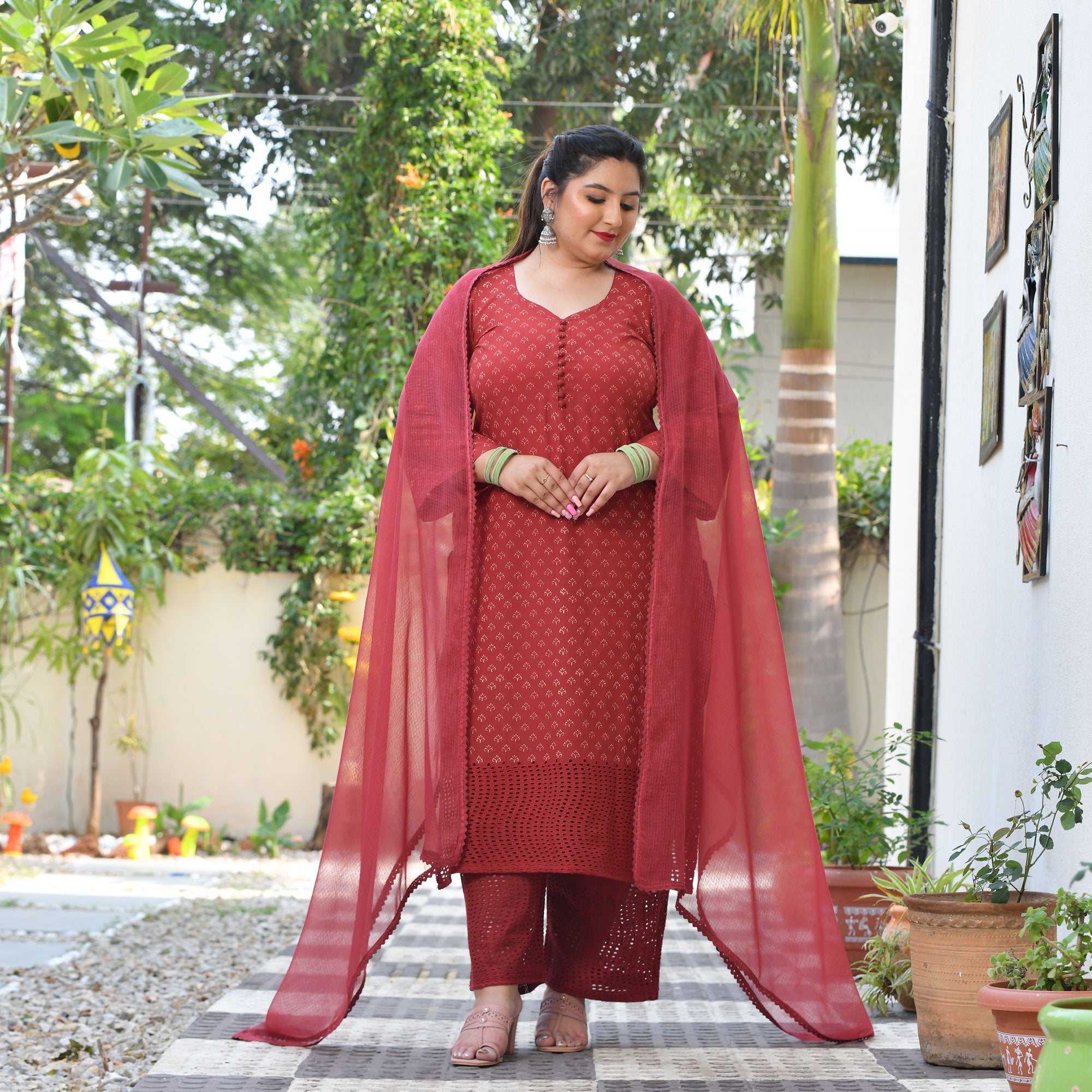 Buy Red Chikankari Georgette Designer Salwar-Suit - Koskii