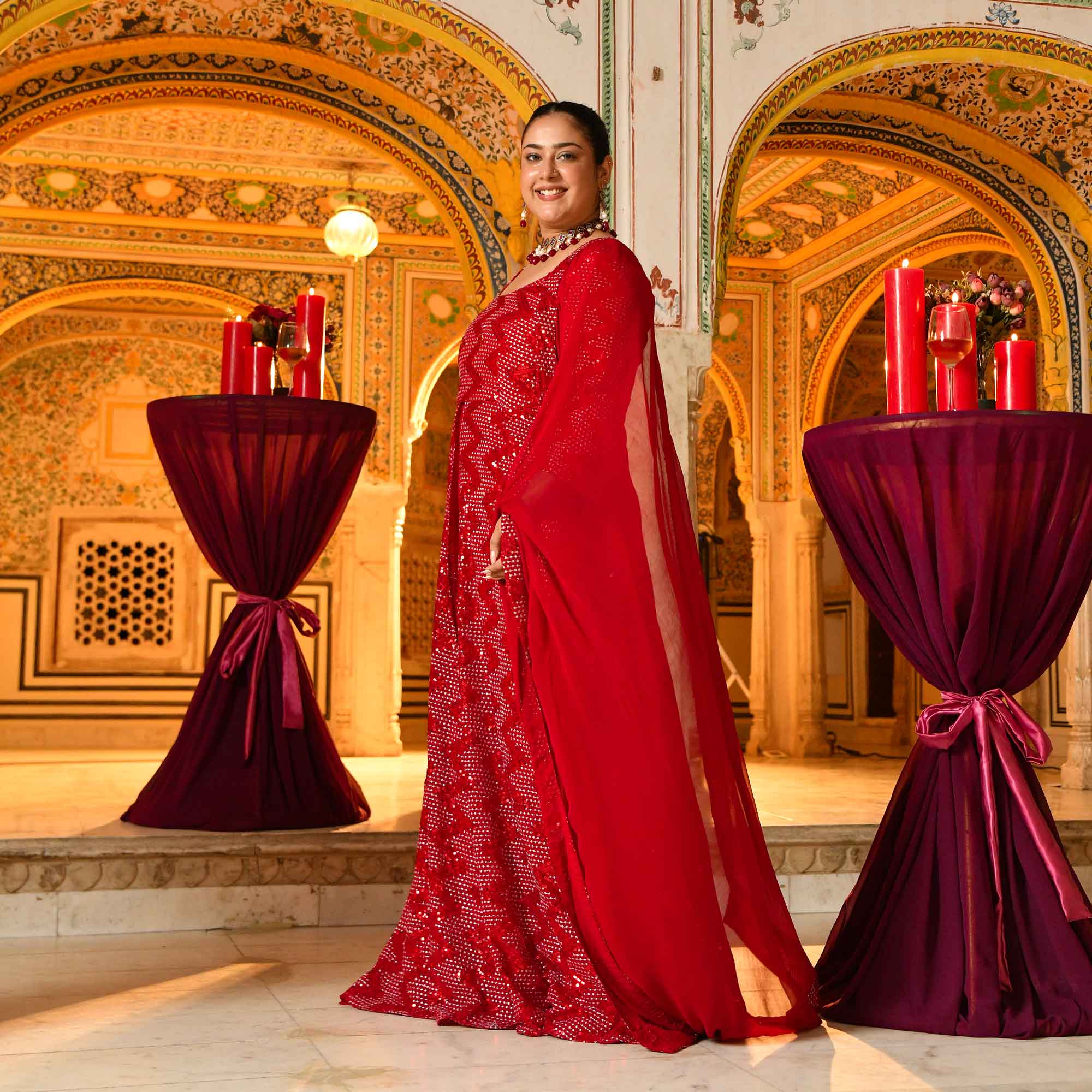 Salsa- Red Sequin embroidered Attached Cape Dress
