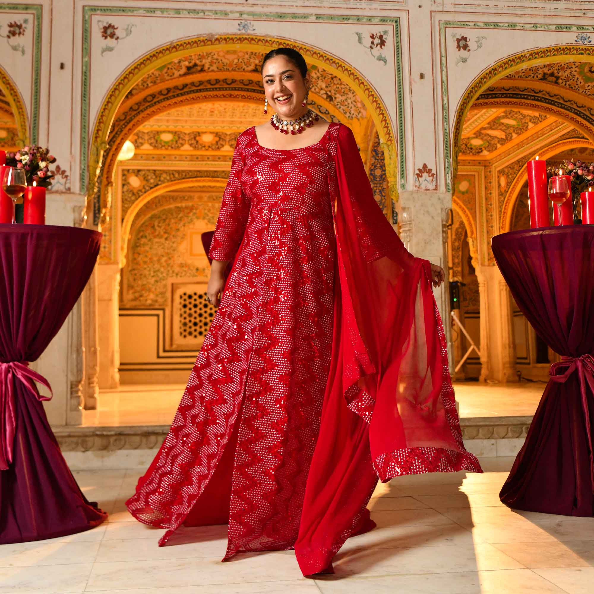Salsa- Red Sequin embroidered Attached Cape Dress