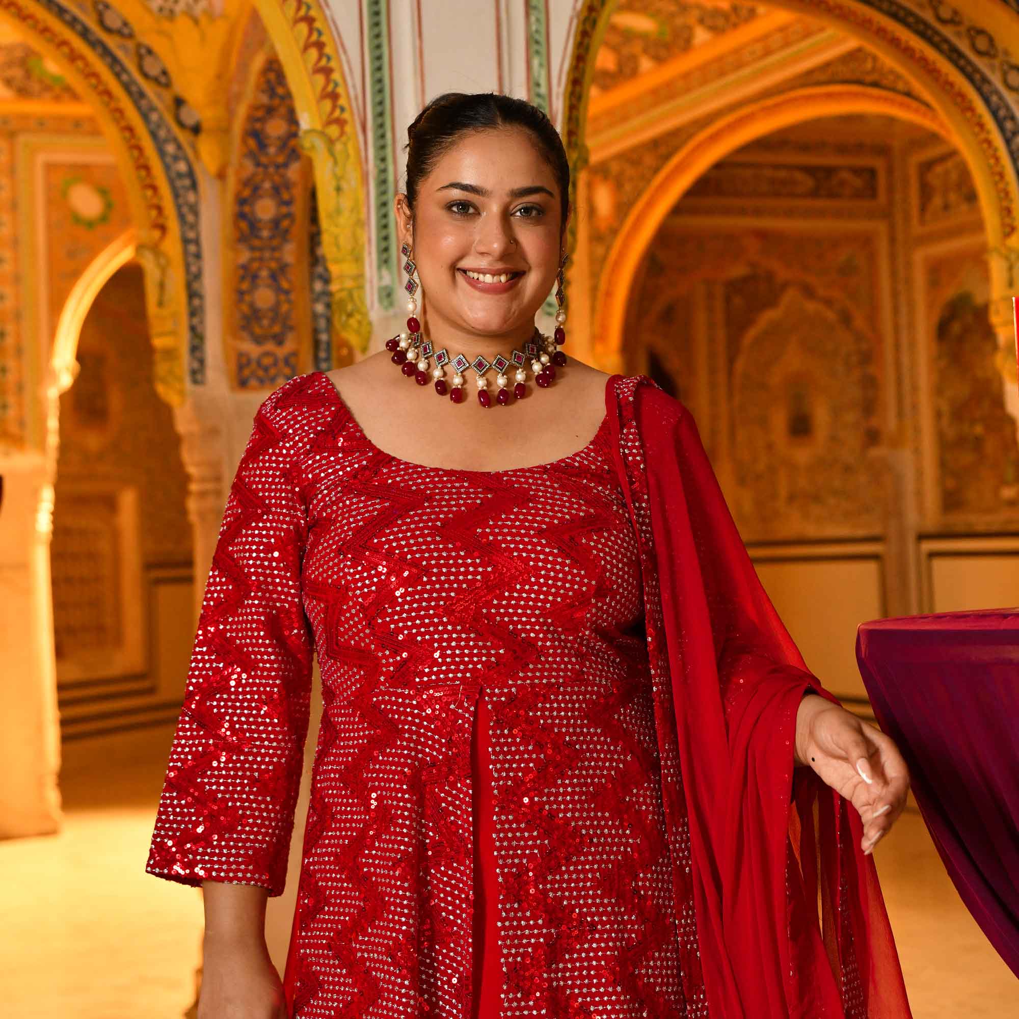 Salsa- Red Sequin embroidered Attached Cape Dress