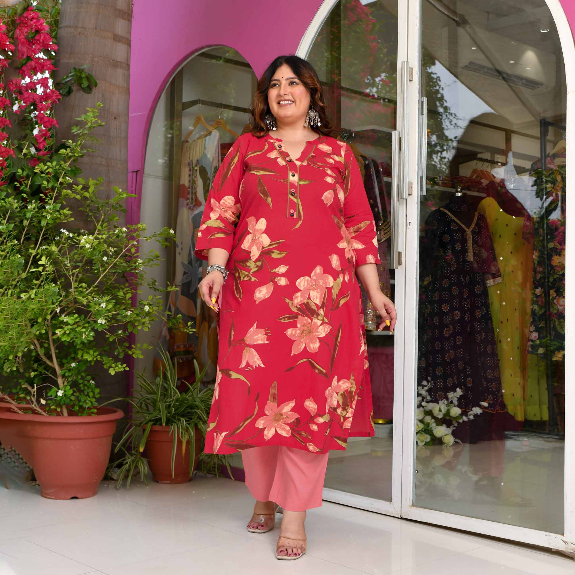 Champa- Red  Peach Floral Printed Pure Cotton Kurta