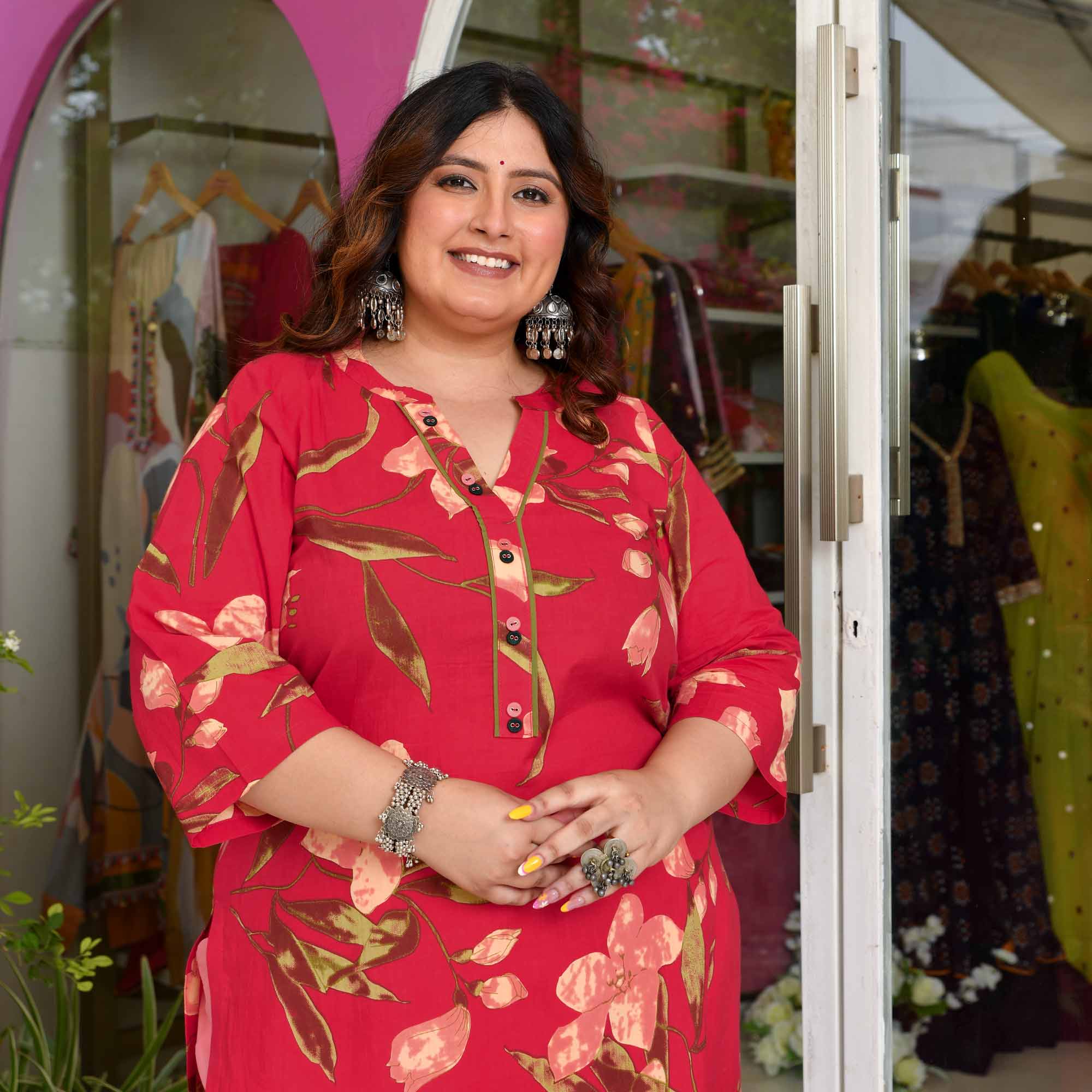 Champa- Red  Peach Floral Printed Pure Cotton Kurta
