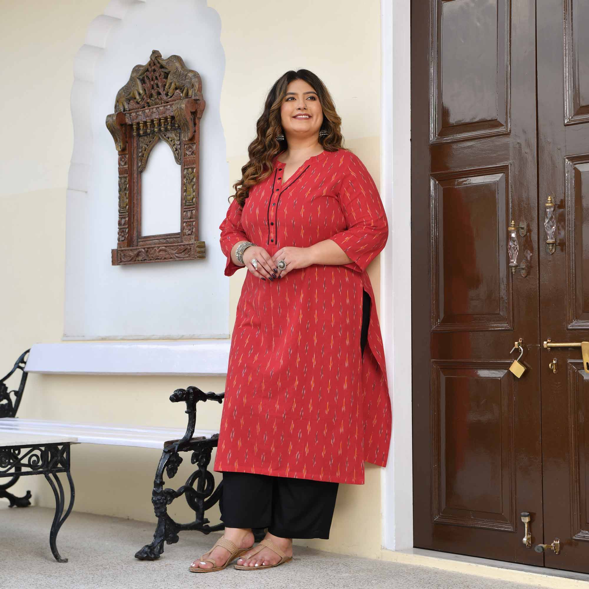 Shree- Red Ikat Handwoven Organic Cotton Kurta