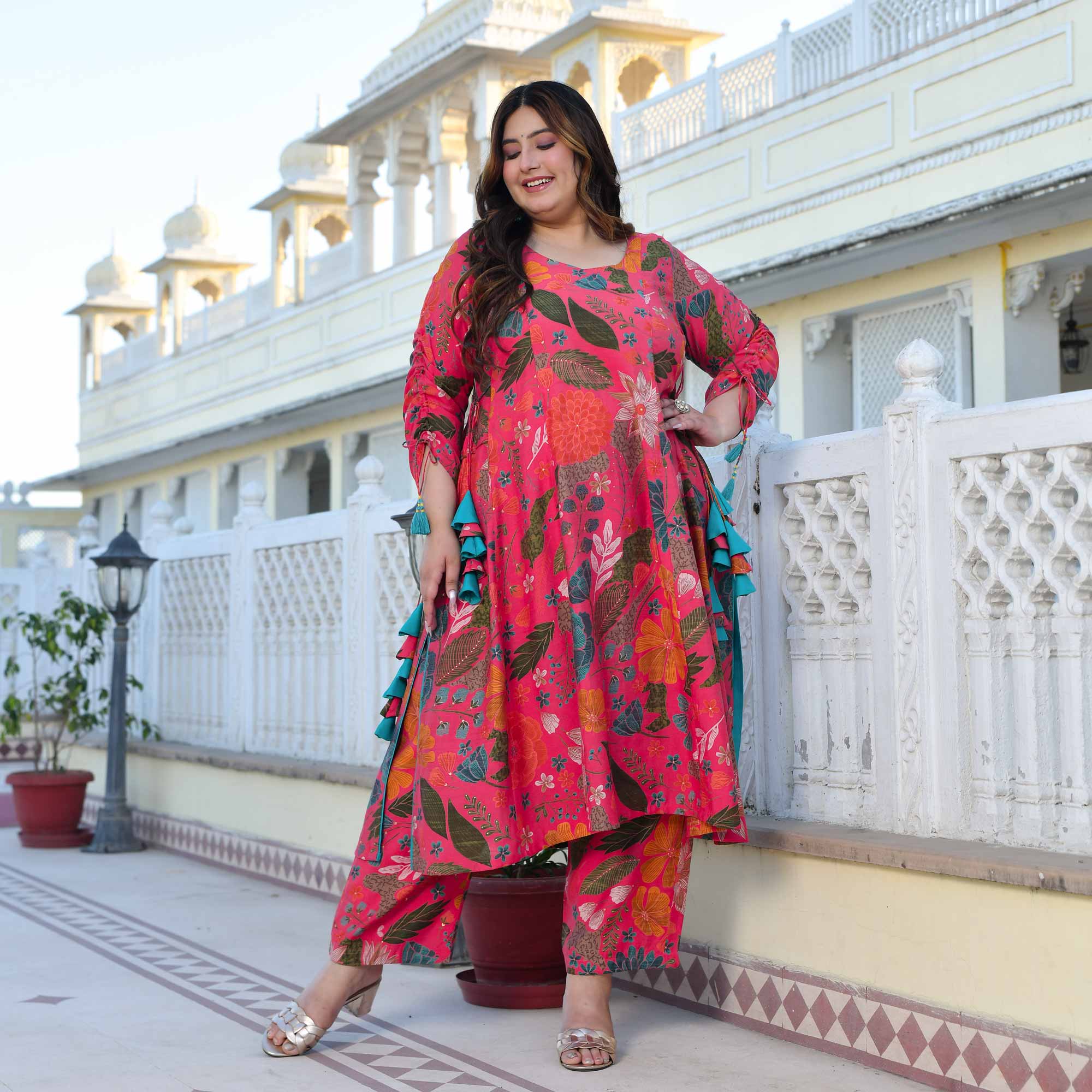 Zinnia- Raspberry Pink Floral Modal Viscose Blend Aline Slit Kurta Pant Set