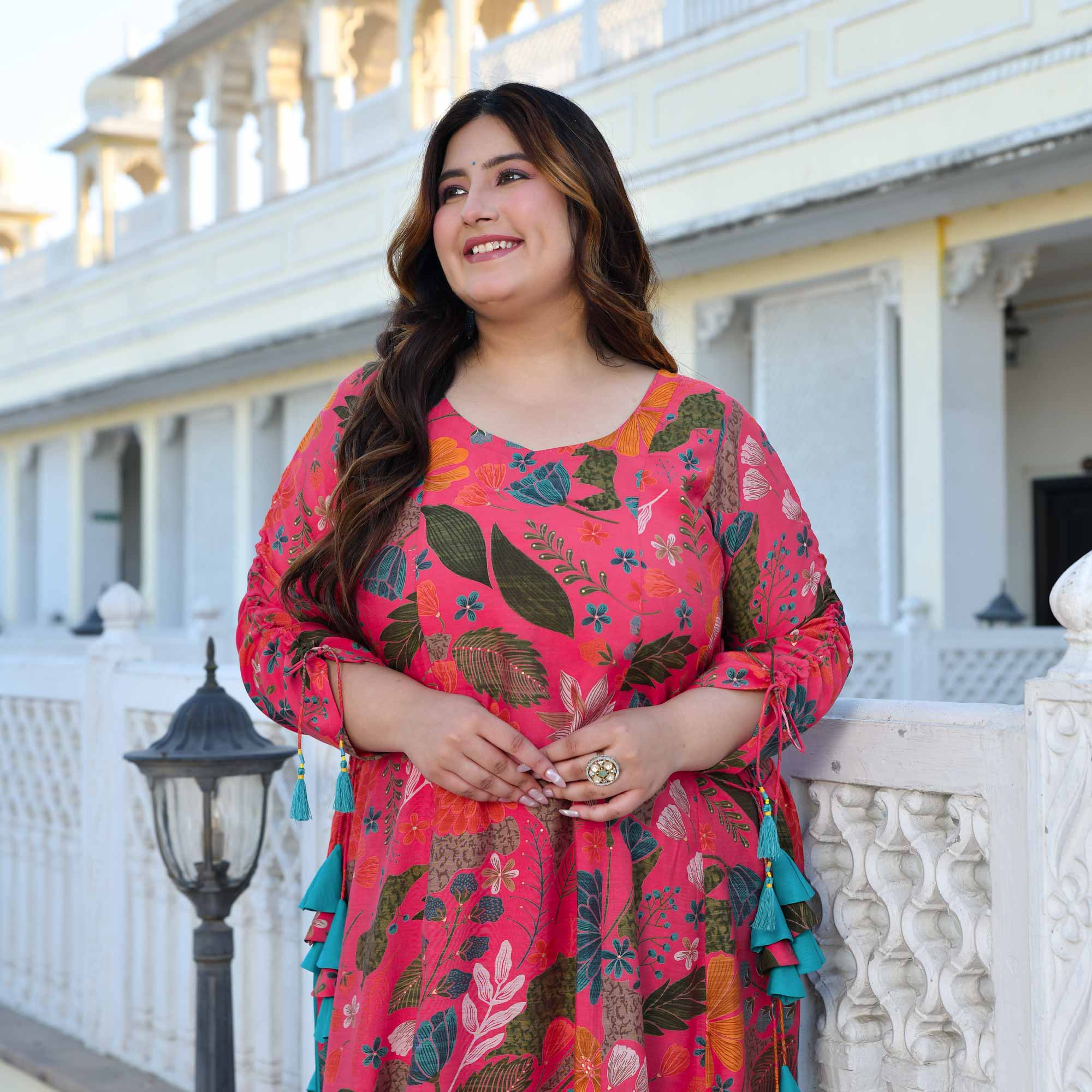 Zinnia- Raspberry Pink Floral Modal Viscose Blend Aline Slit Kurta Pant Set